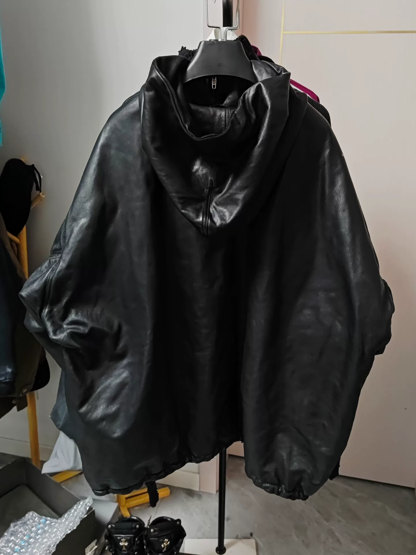 Balenciaga Black Leather Pullover Jacket — front
