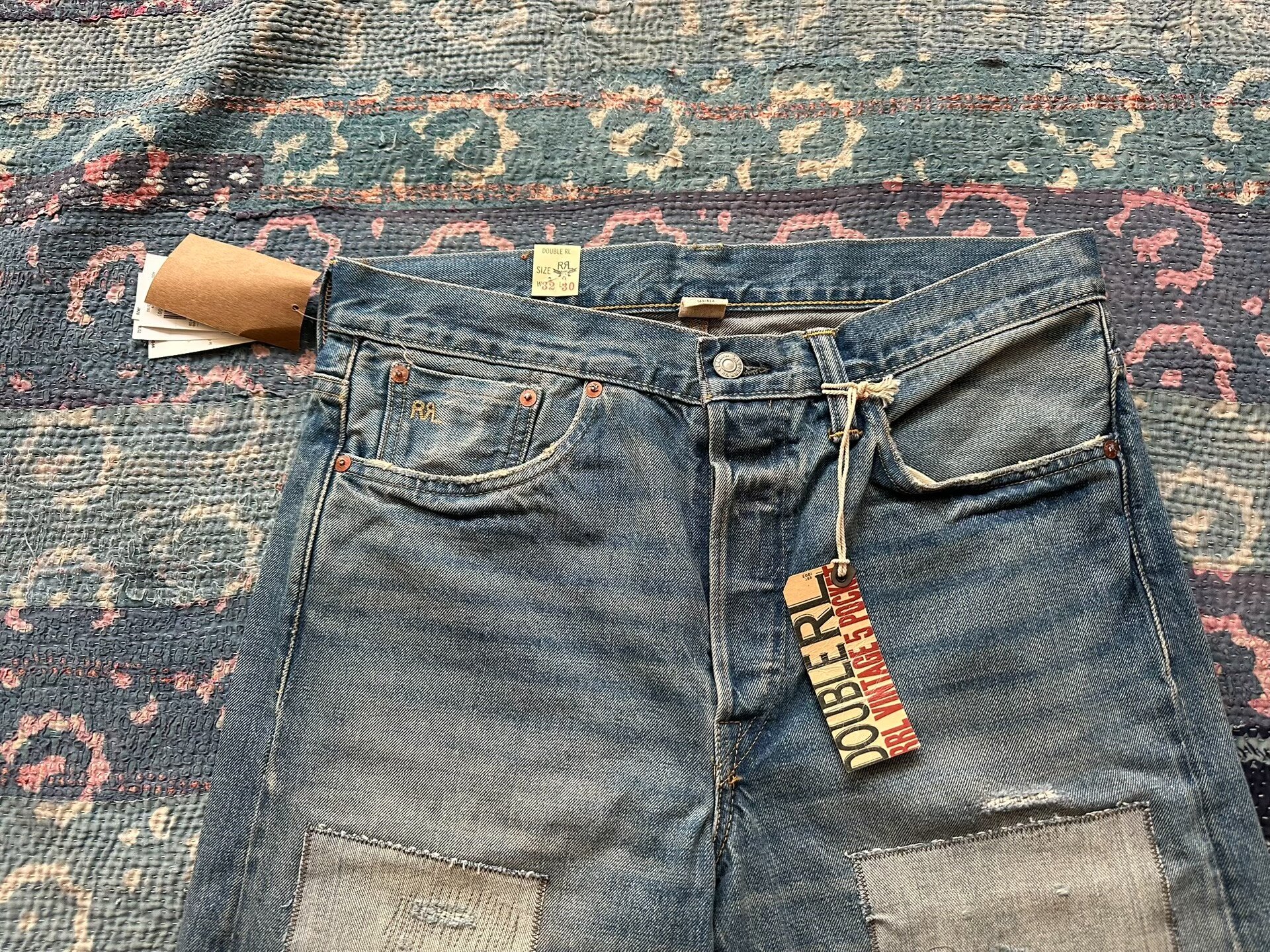 RRL Blue Patch Distressed Denim Jeans — front
