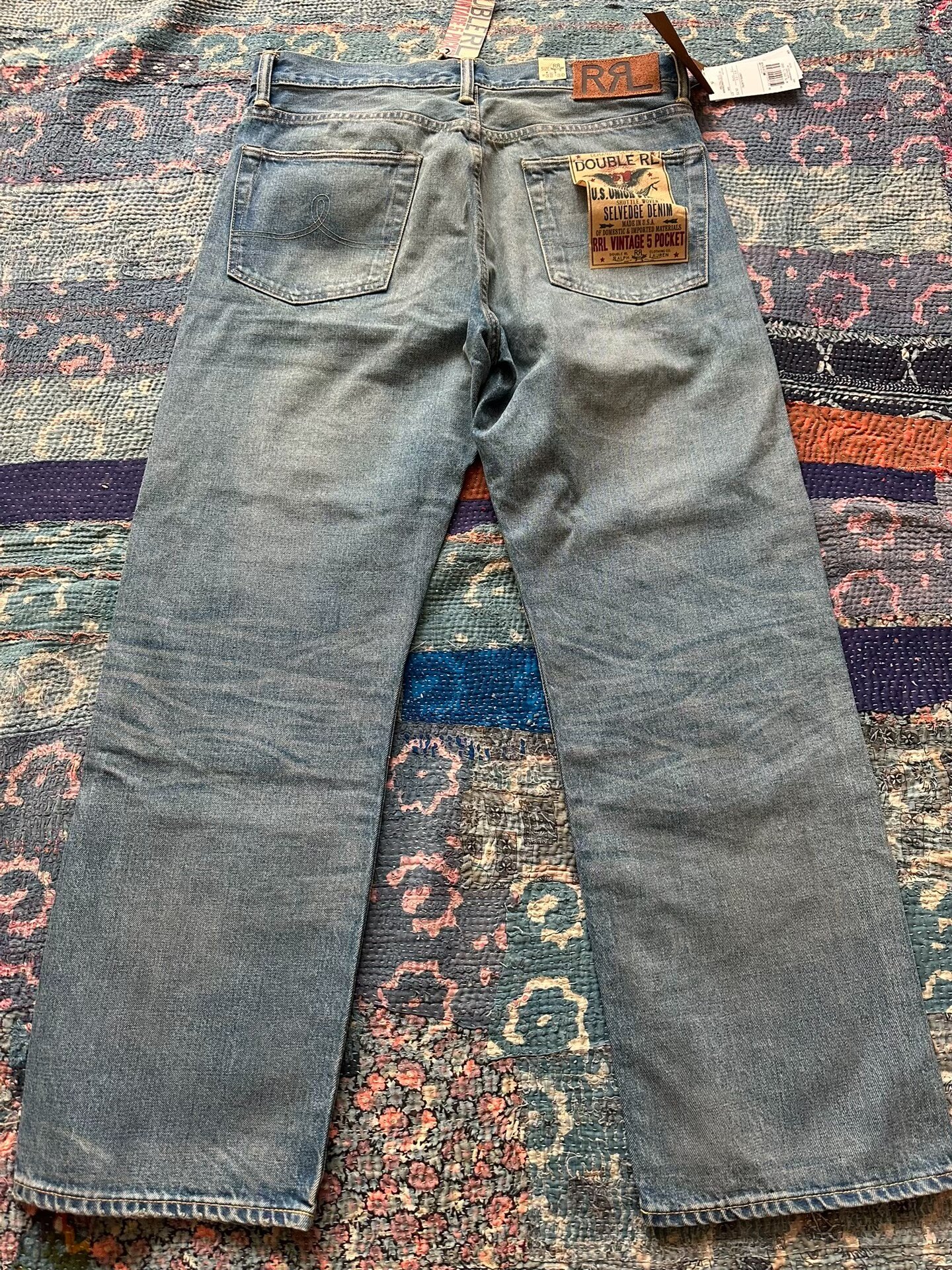 RRL Blue Patch Distressed Denim Jeans — detail