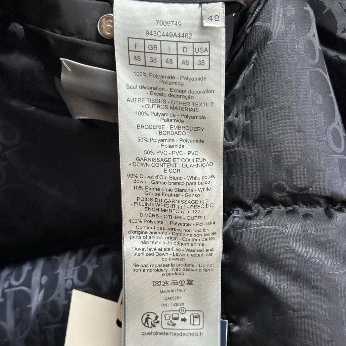 Dior Stand Collar Full Logo Down Jacket — label