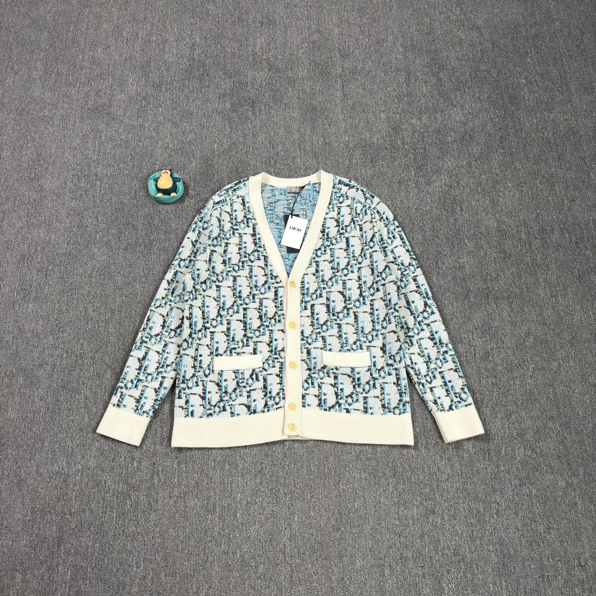 Dior Blue White Logo Print Cardigan