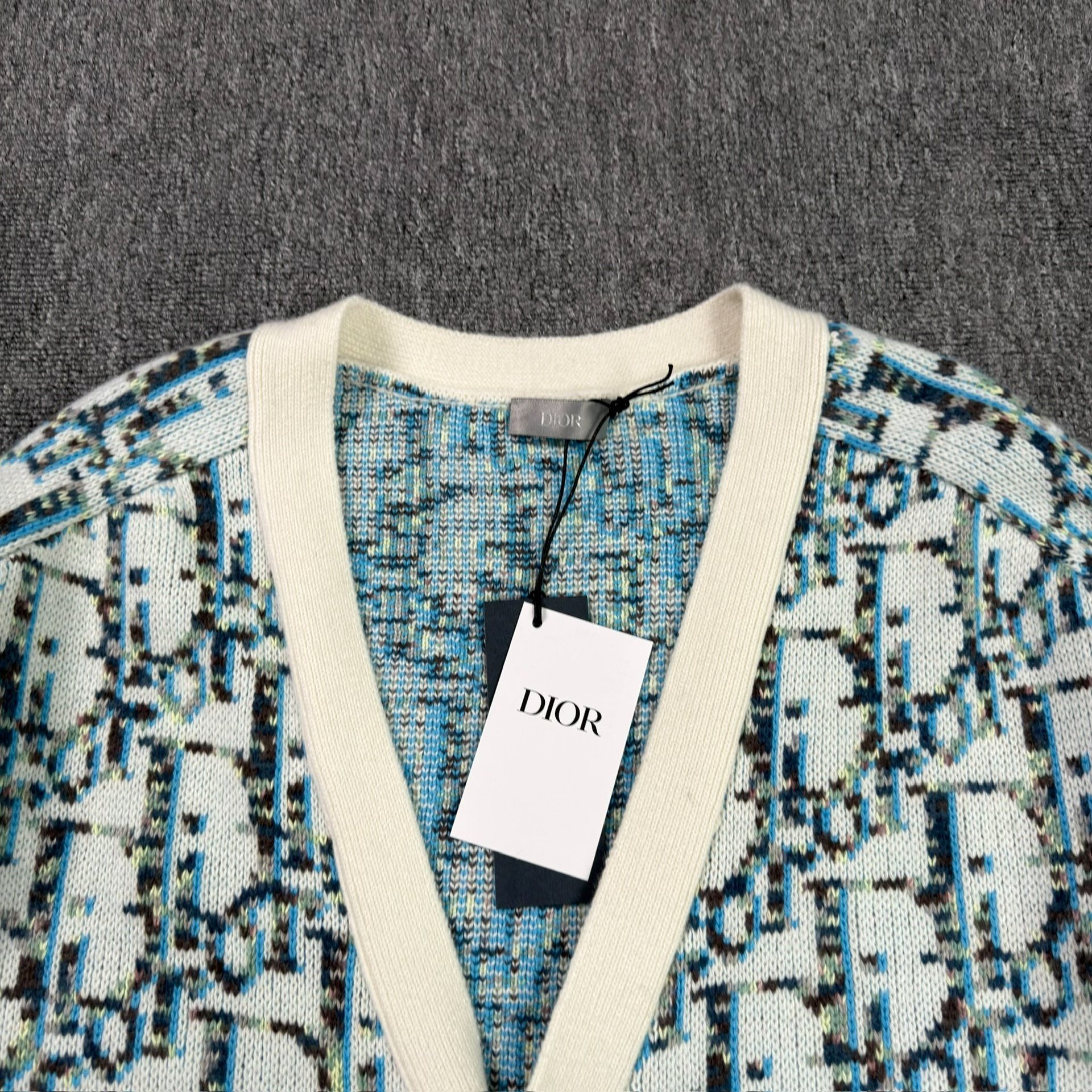 Dior Blue White Logo Print Cardigan — detail