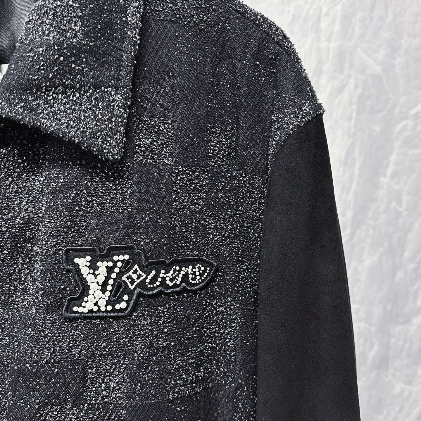 Louis Vuitton SS25 Rhinestone Beaded Damier Baseball Jacket — detail