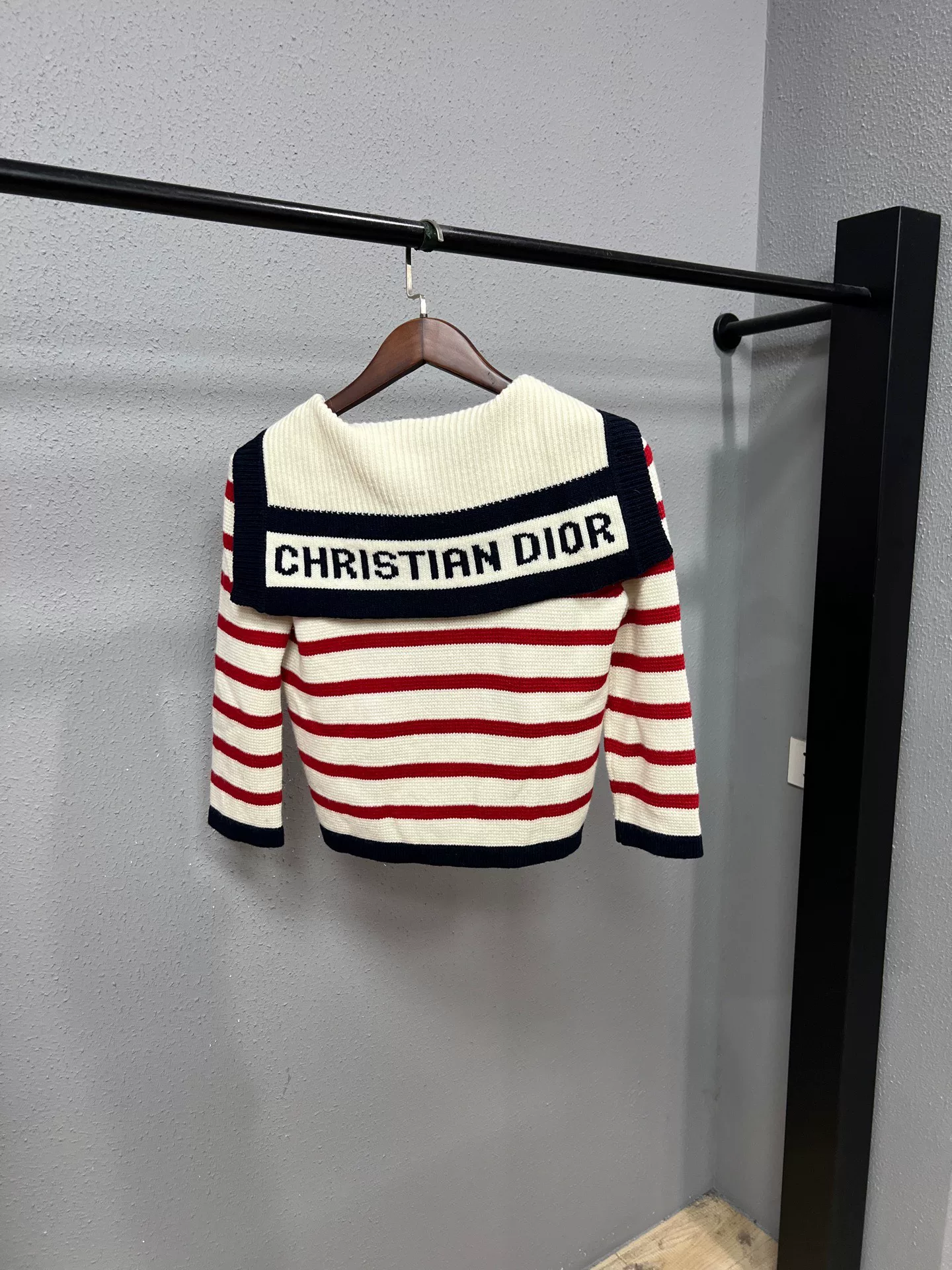 Dior Red Stripe Navy Collar Cardigan — front