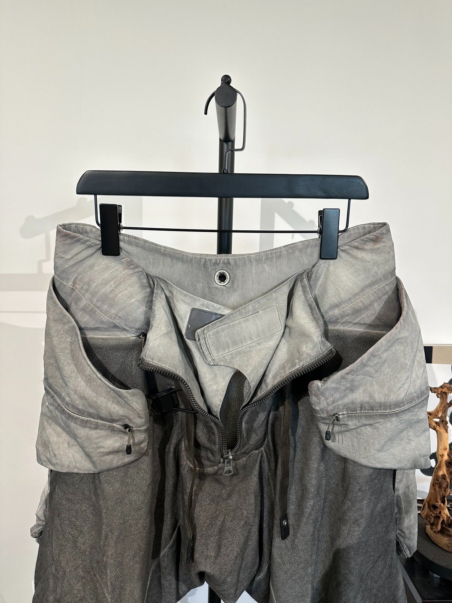 Gray Nylon Dropped Crotch Shorts — label