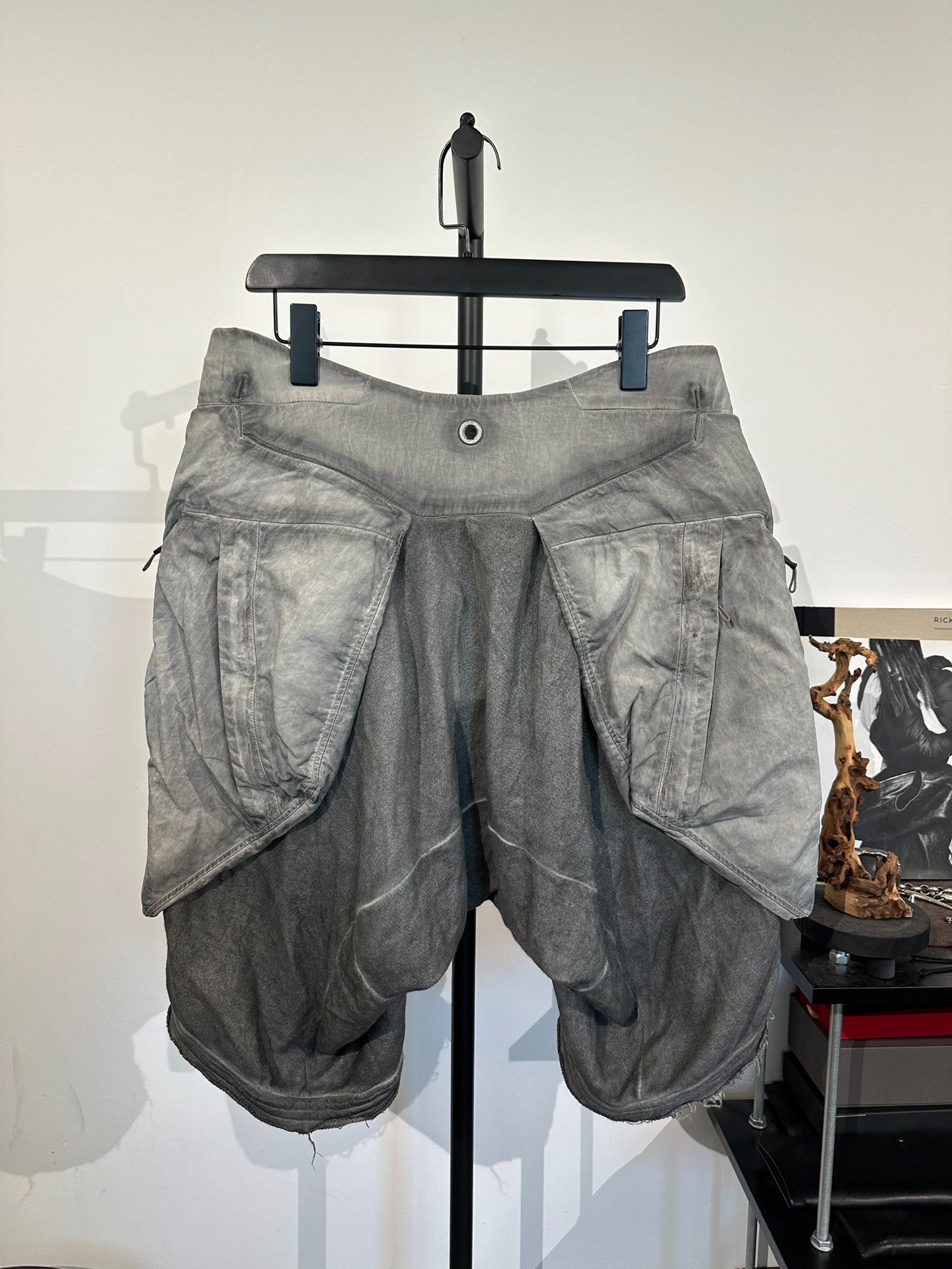 Gray Nylon Dropped Crotch Shorts — front