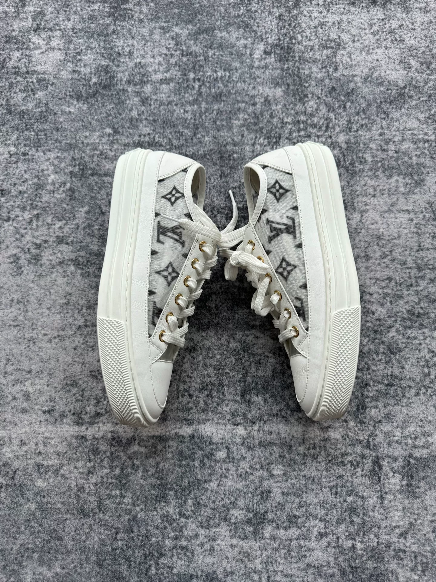 Louis Vuitton White Monogram Mesh Sneakers — front