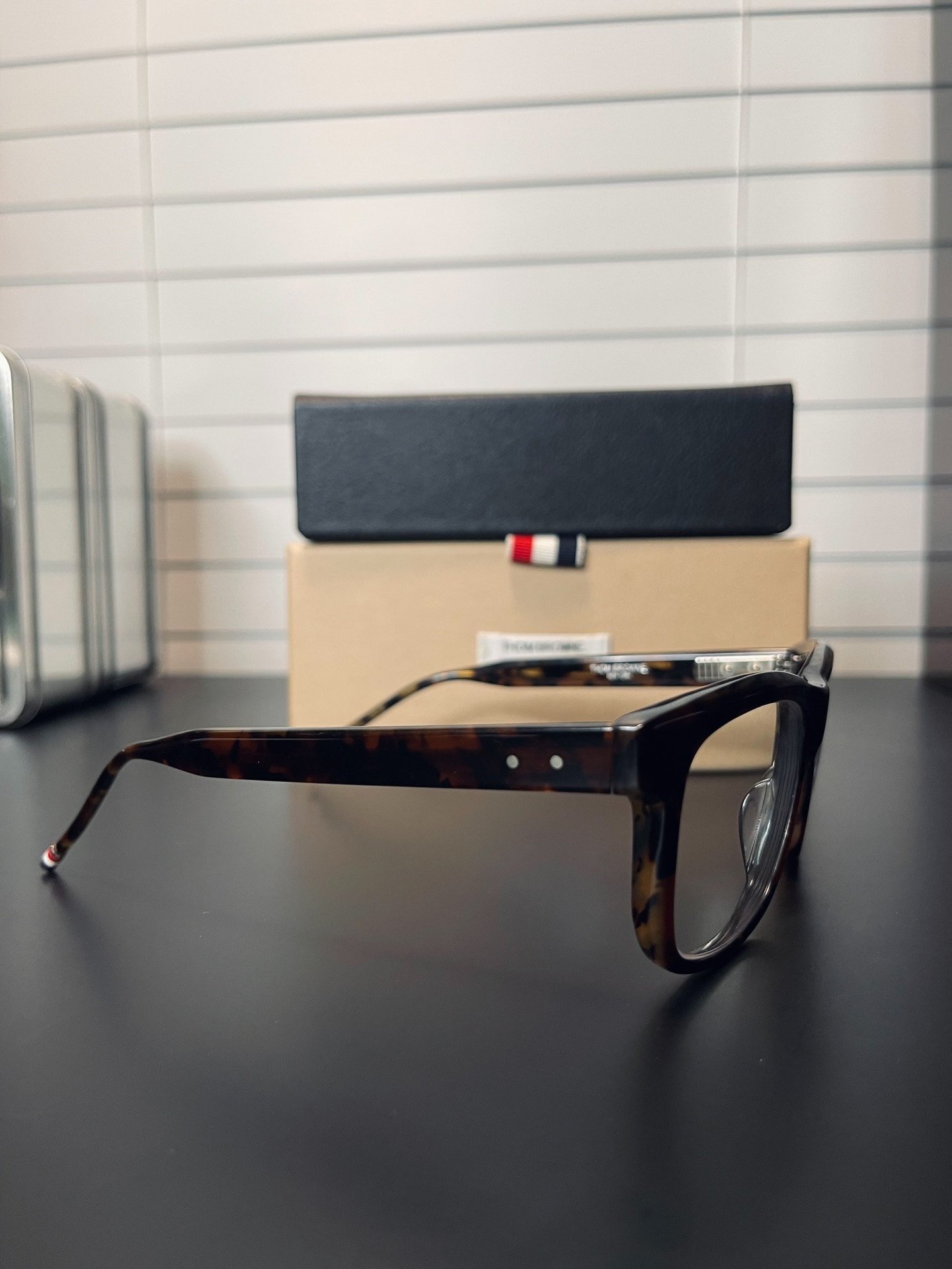 Thom Browne TB 003D Tortoiseshell Glasses — detail