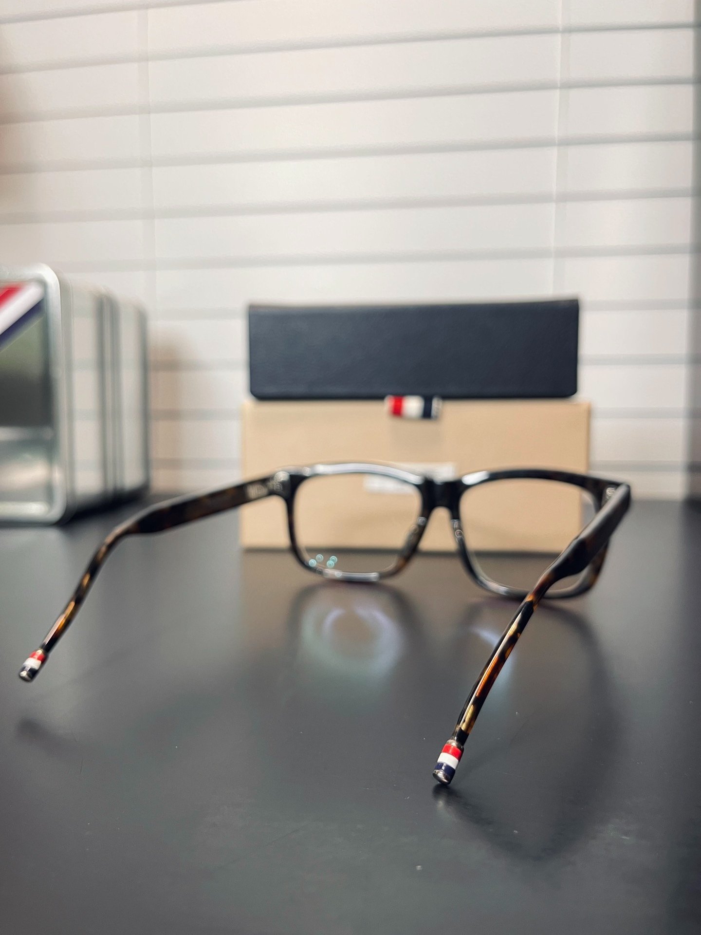 Thom Browne TB 003D Tortoiseshell Glasses — label