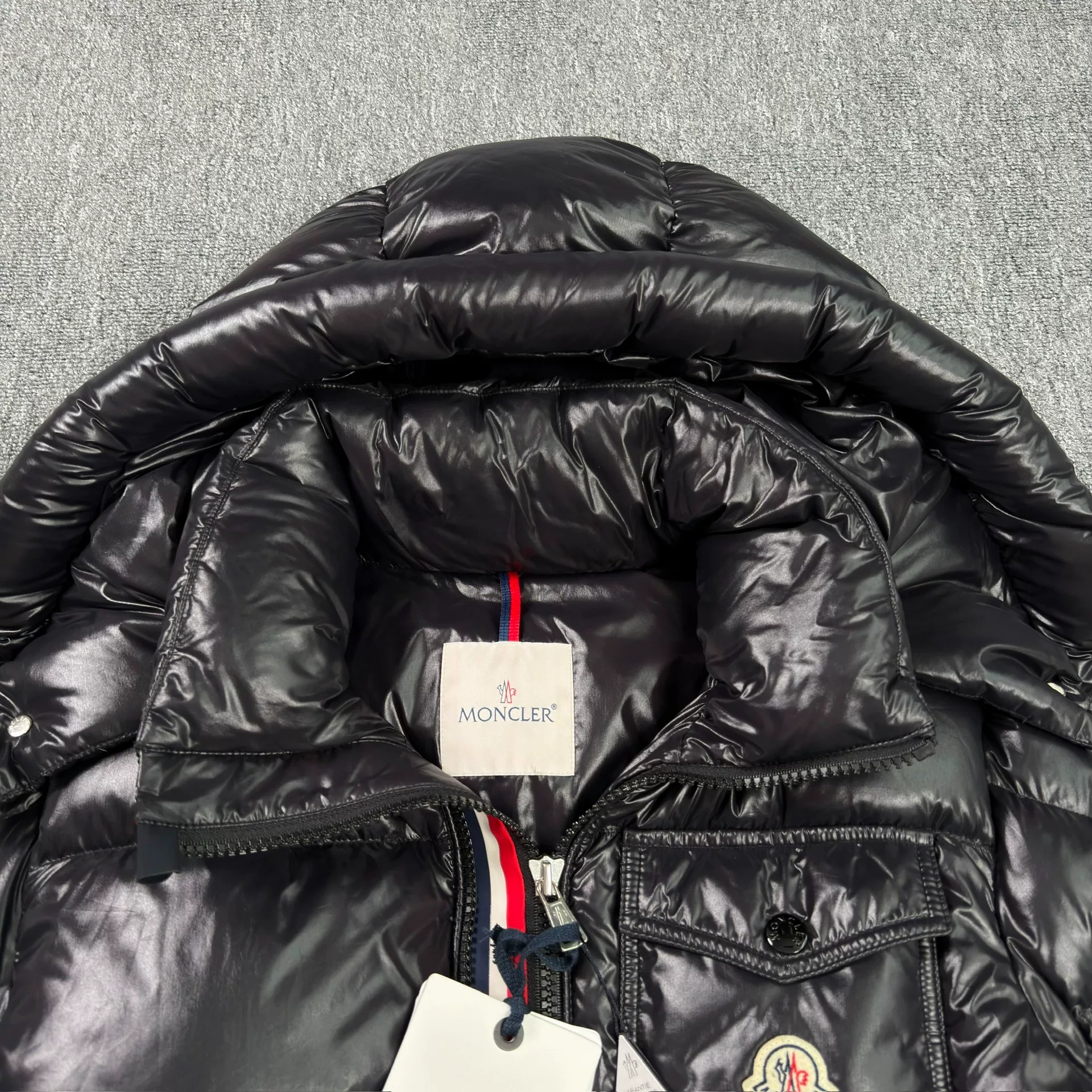 Moncler Montbeliard Striped Black Down Jacket — detail