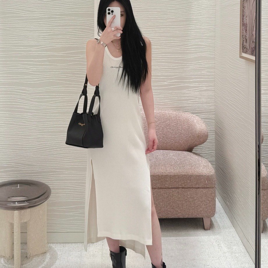 Dior SS25 Embroidered Logo Side Slit Dress