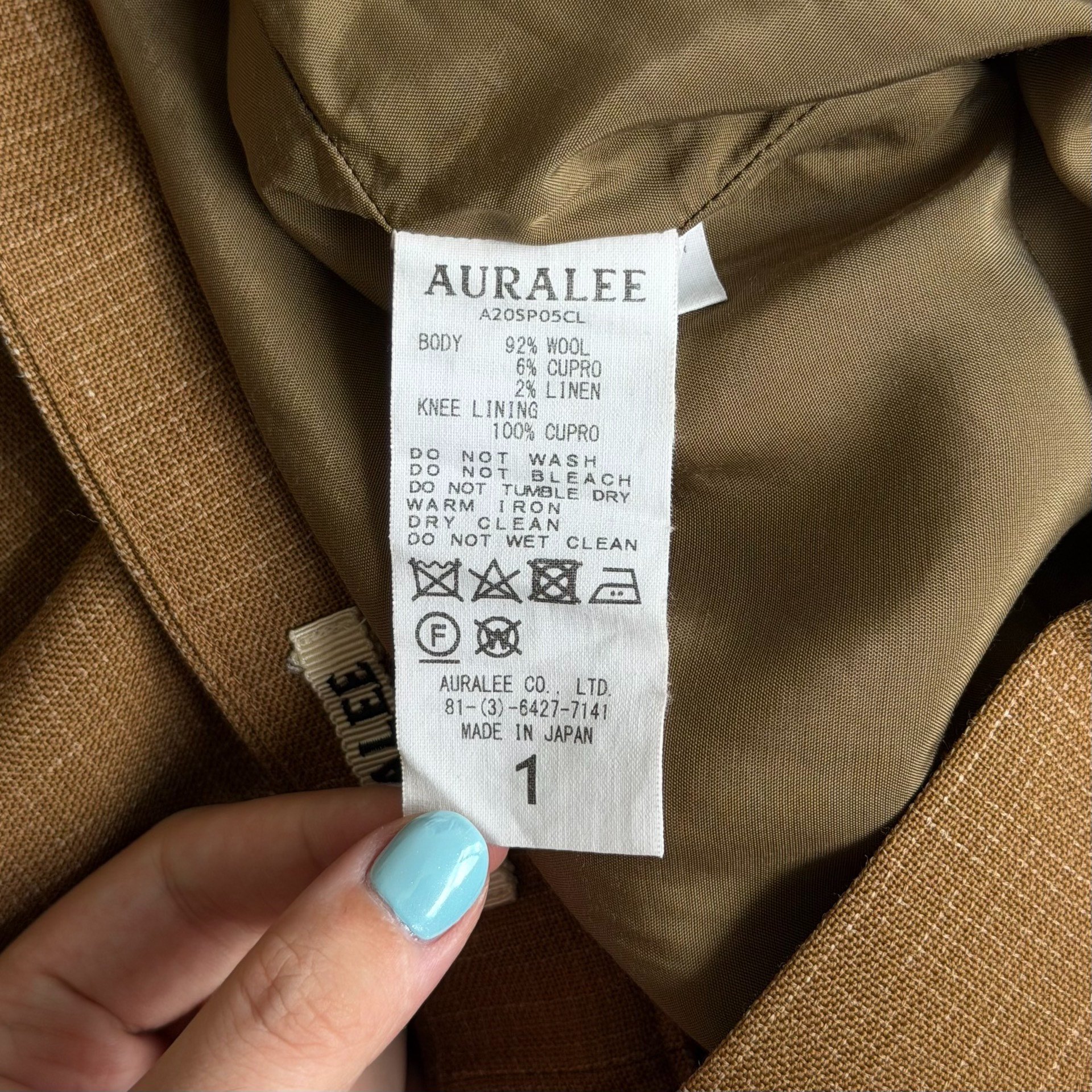 Auralee 20SS Slub Wool Wide-Leg Trousers — label