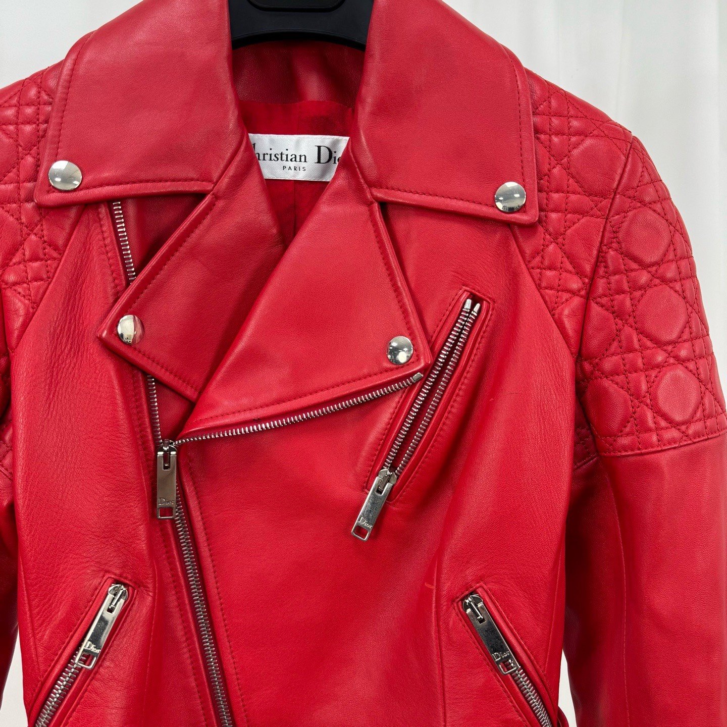 Dior Red Quilted Moto Leather Jacket — detail