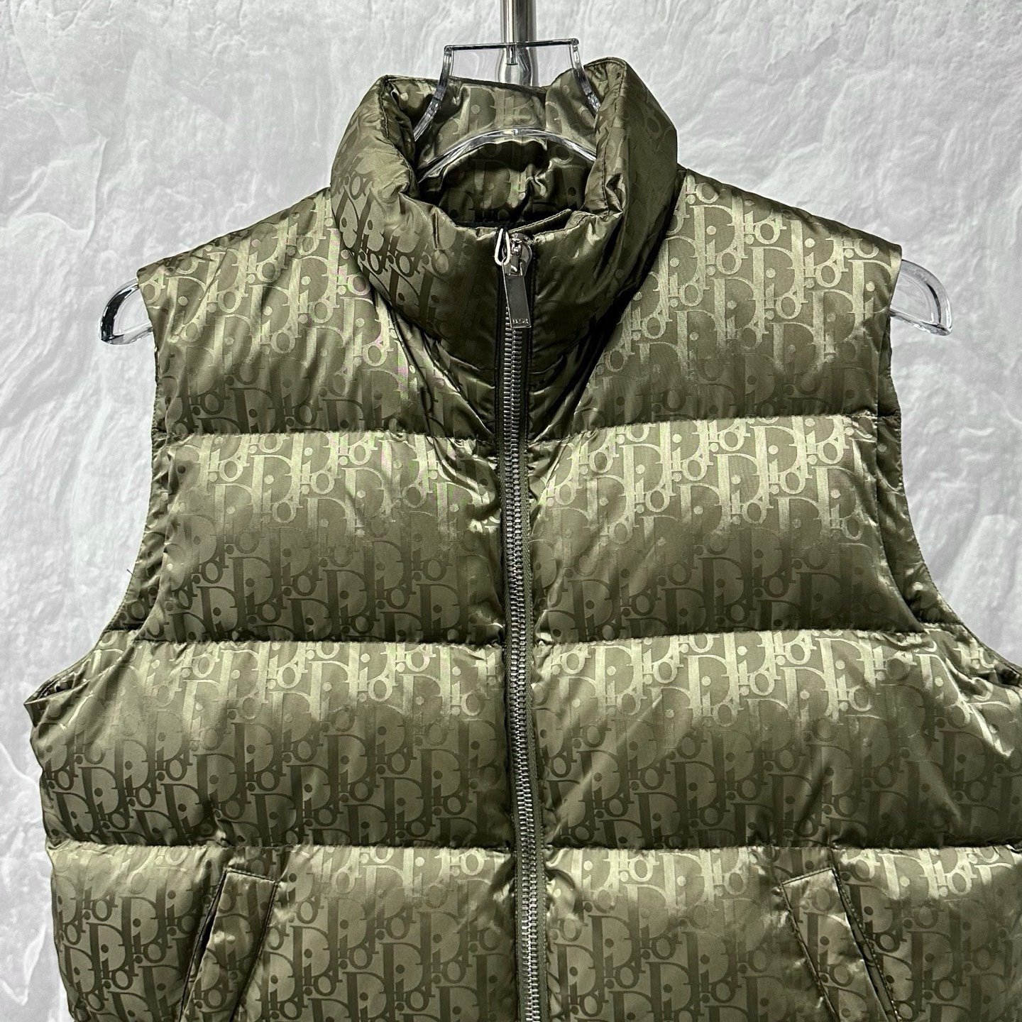 Dior Olive Green Jacquard Stand Collar Down Vest — front