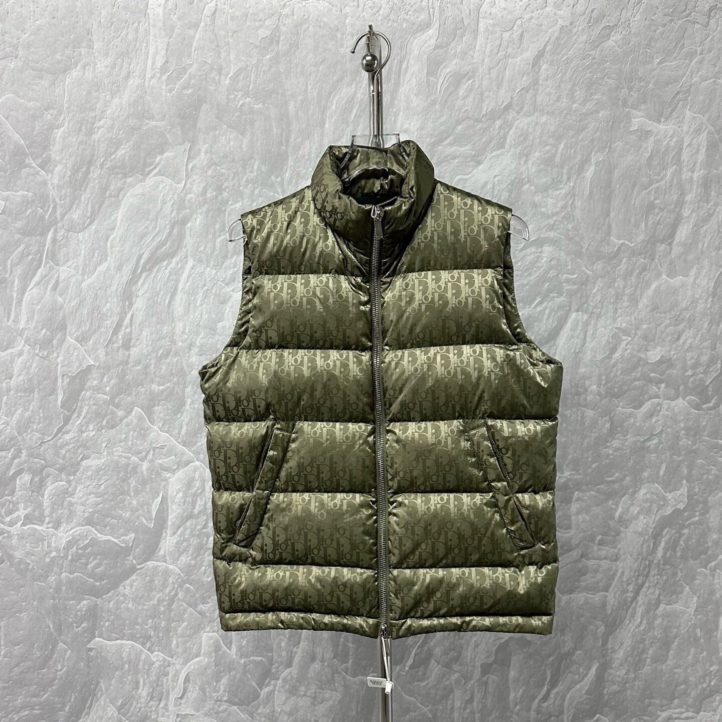 Dior Olive Green Jacquard Stand Collar Down Vest