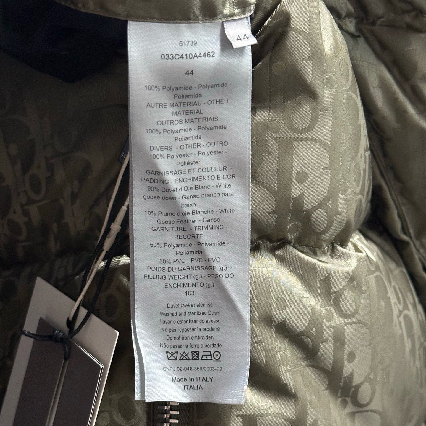 Dior Olive Green Jacquard Stand Collar Down Vest — label