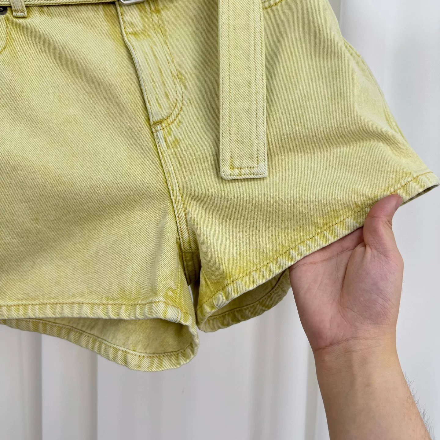 Dior Yellow Washed Denim Belted Shorts — detail