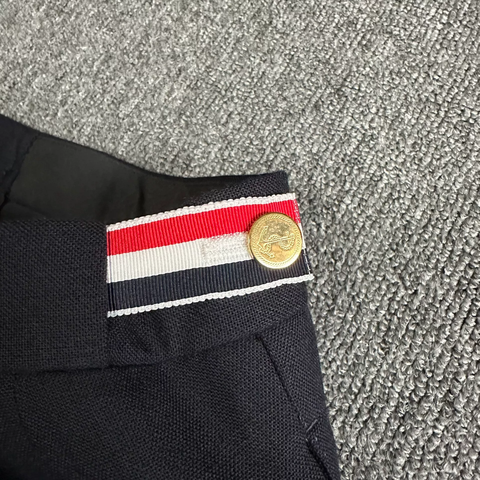 Thom Browne Dark Blue Gold Button Cropped Pants — label