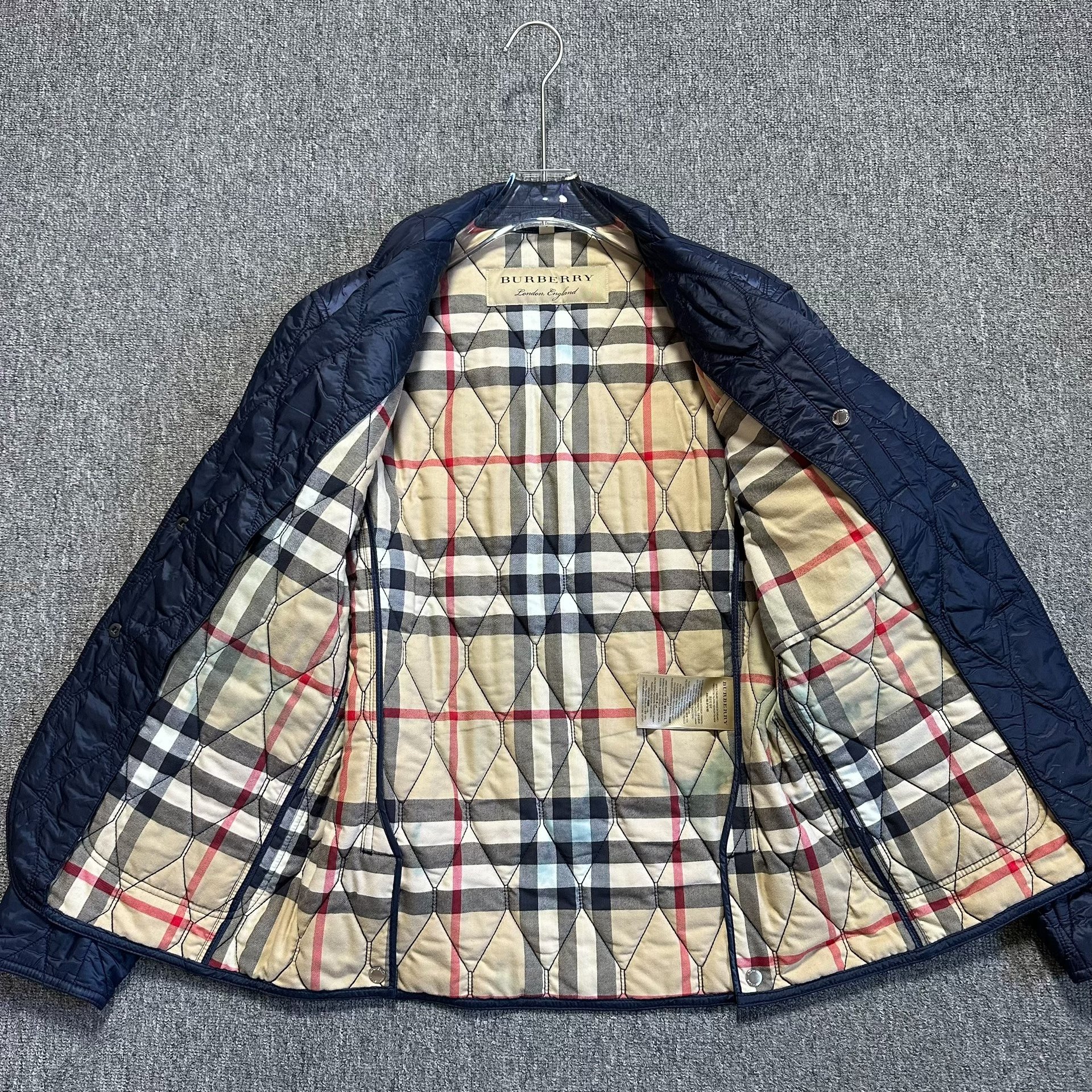 Burberry Diamond-Quilted Check Lining Jacket — label