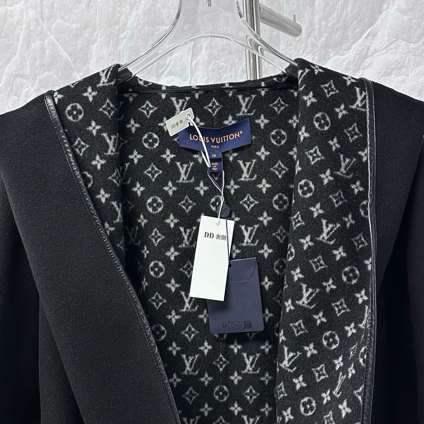 Louis Vuitton Black Hooded Wool Coat — detail
