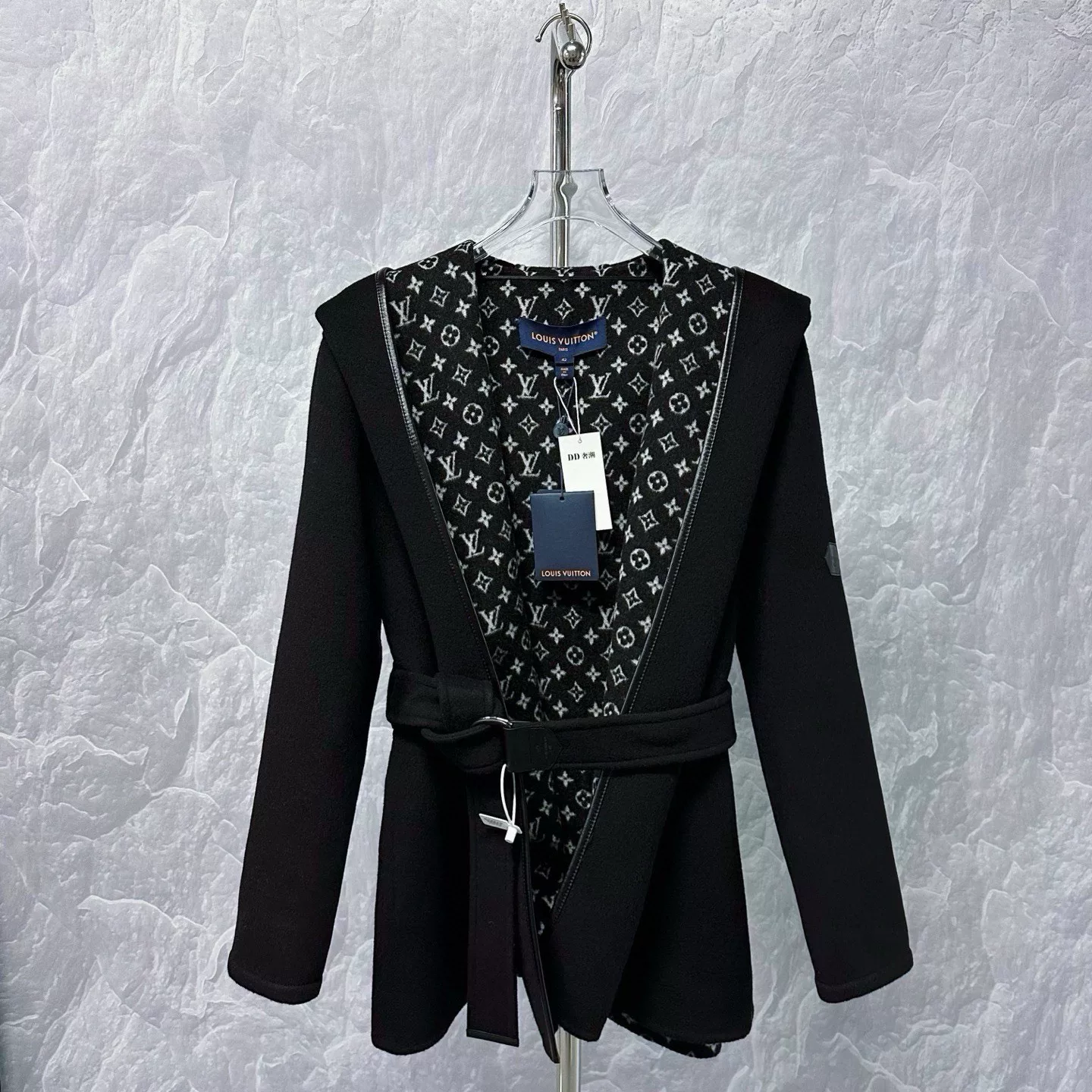 Louis Vuitton Black Hooded Wool Coat — front