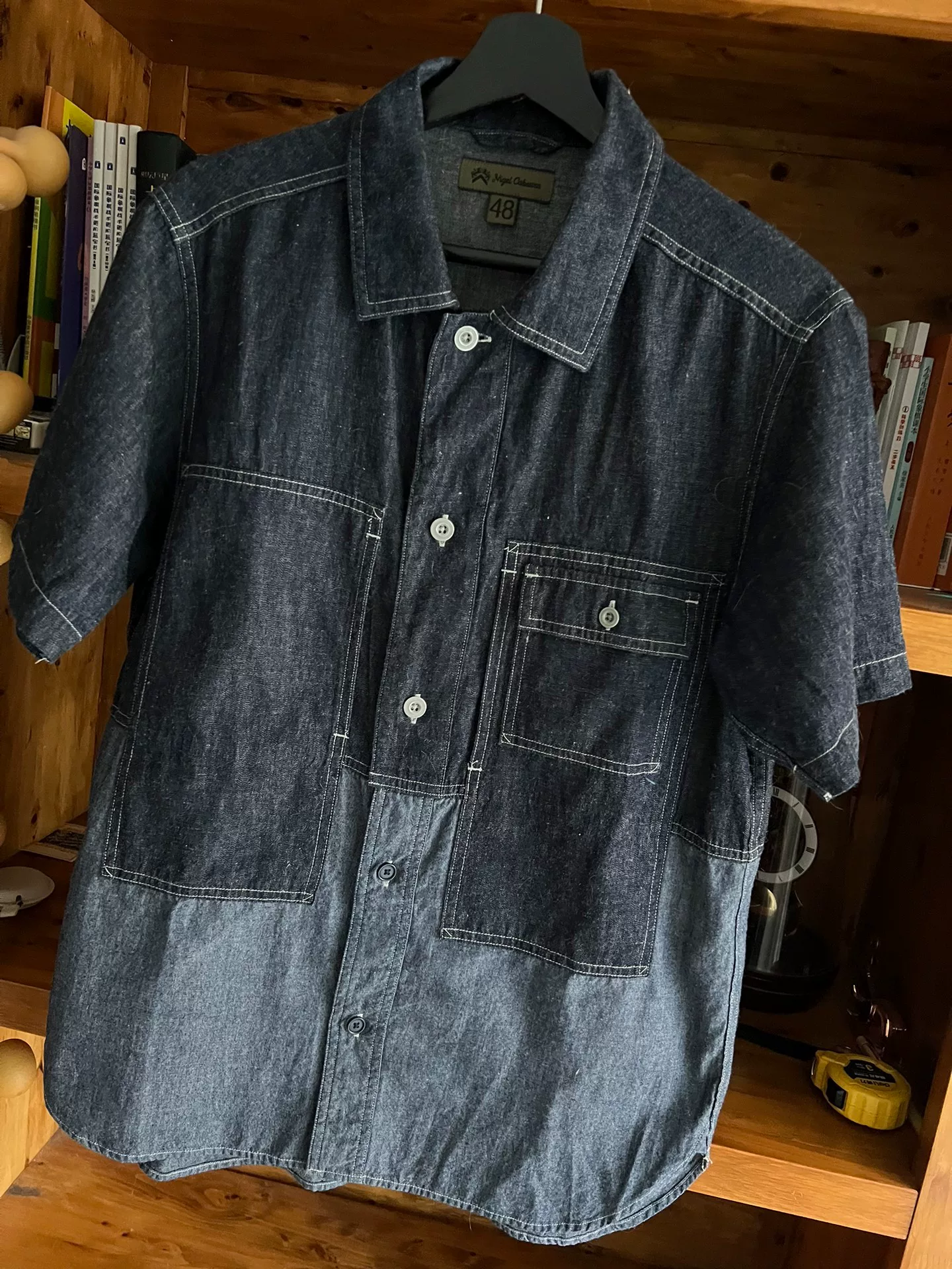 Nigel Cabourn Denim Patchwork Short-Sleeve Shirt — detail
