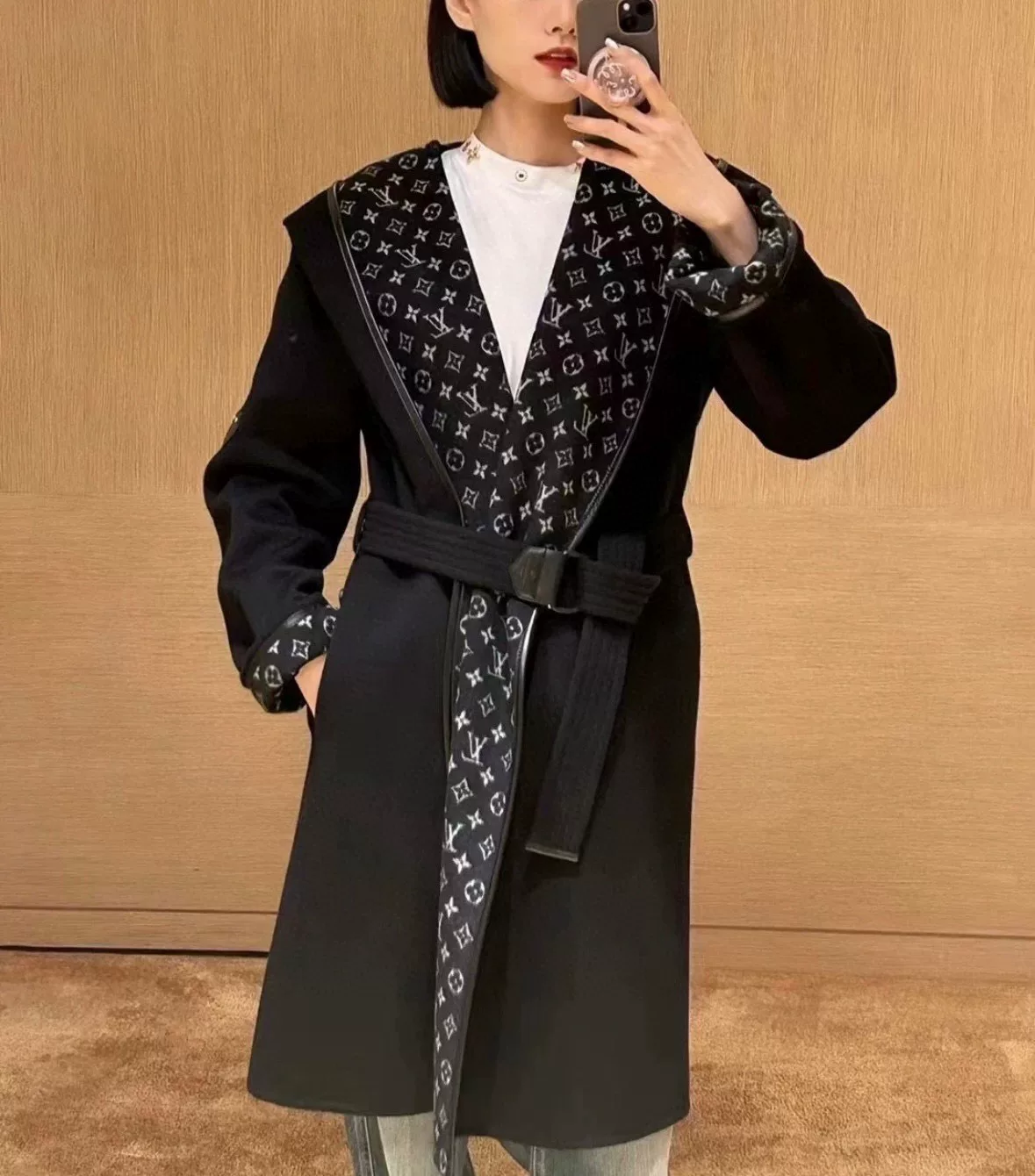 Louis Vuitton Monogram Print Hooded Coat — front