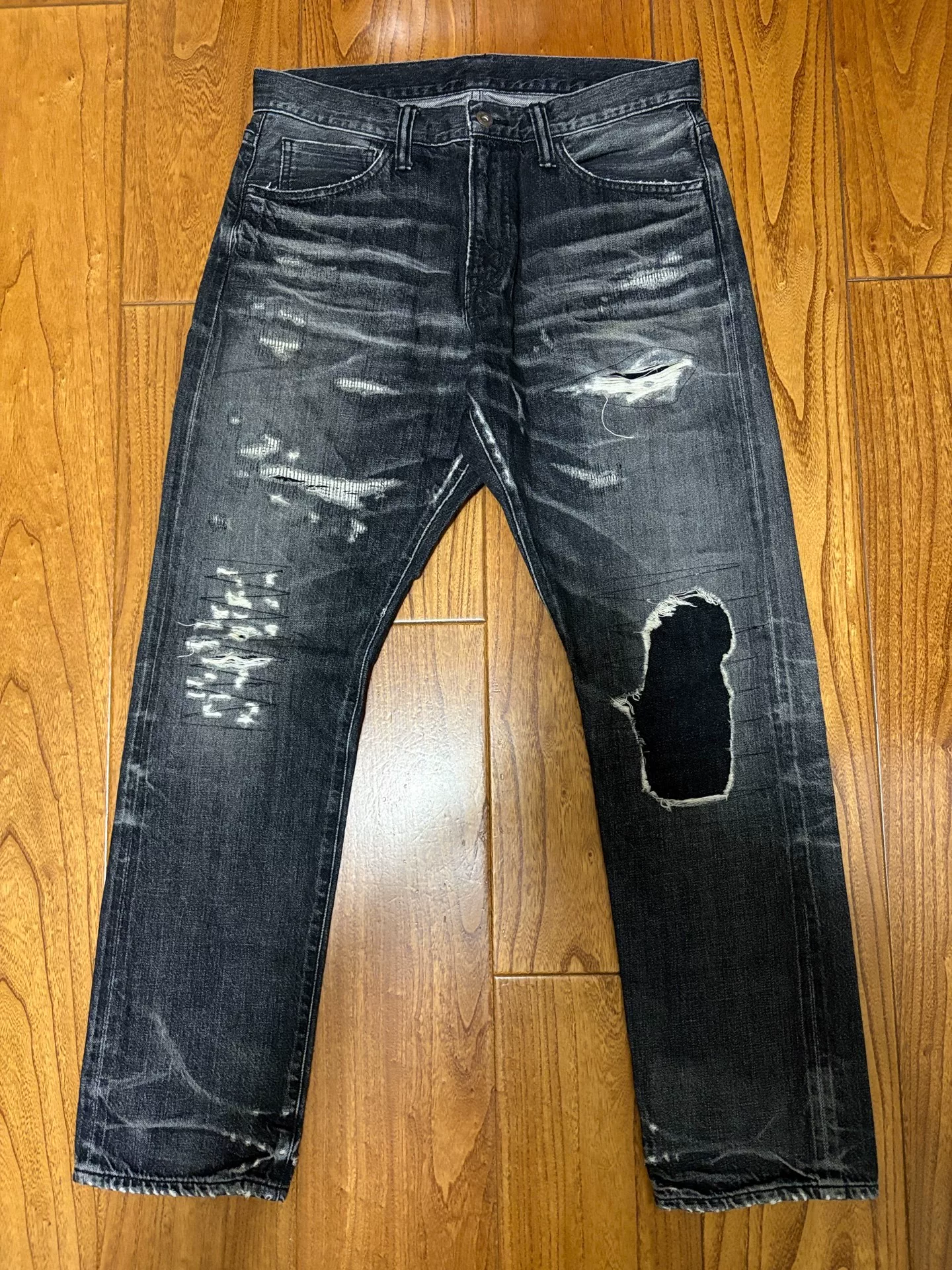 Sequel Fragment Distressed Washed Denim Pants