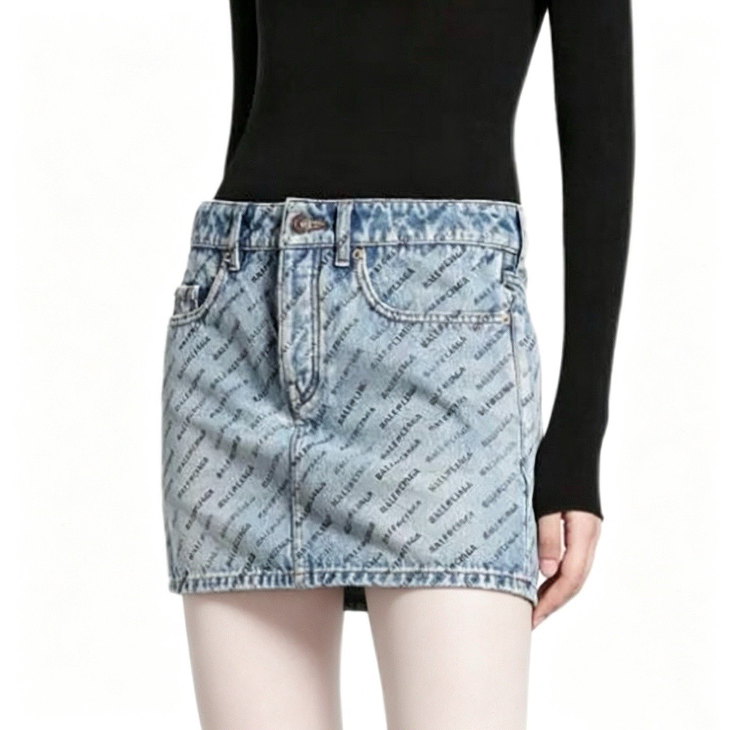 Balenciaga Logo Print Denim Skirt — front
