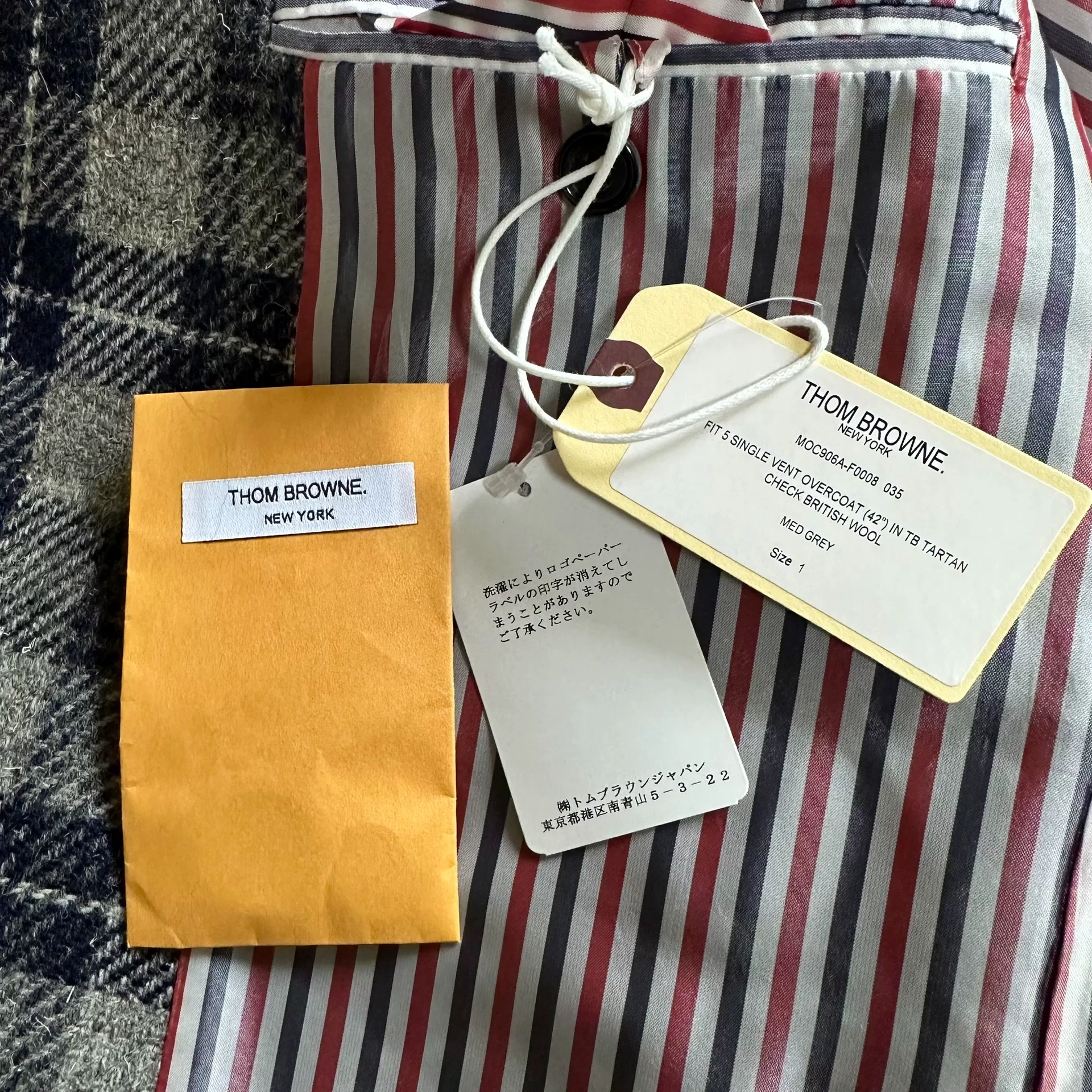 Thom Browne Gray-Blue Plaid Long Coat — label