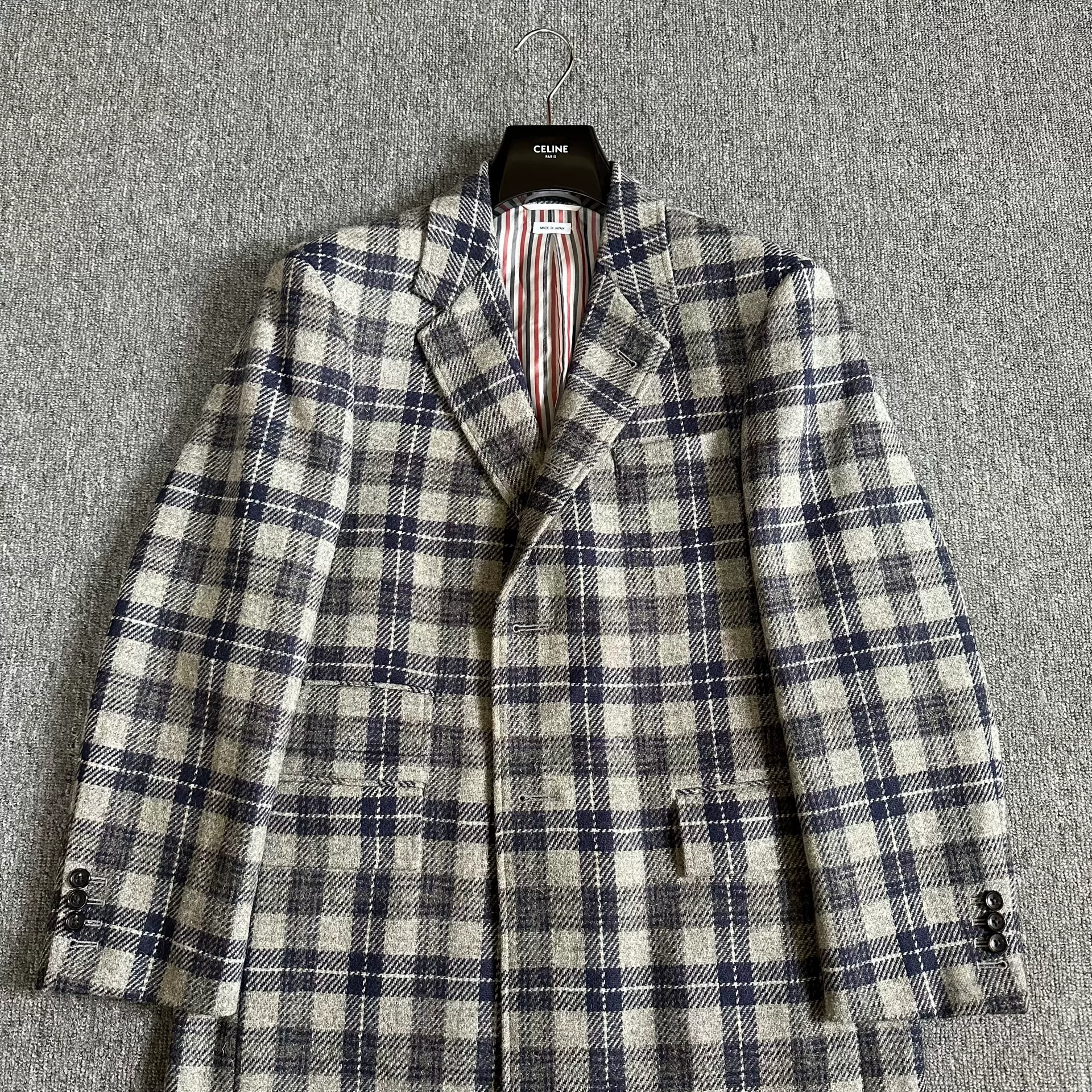 Thom Browne Gray-Blue Plaid Long Coat — detail
