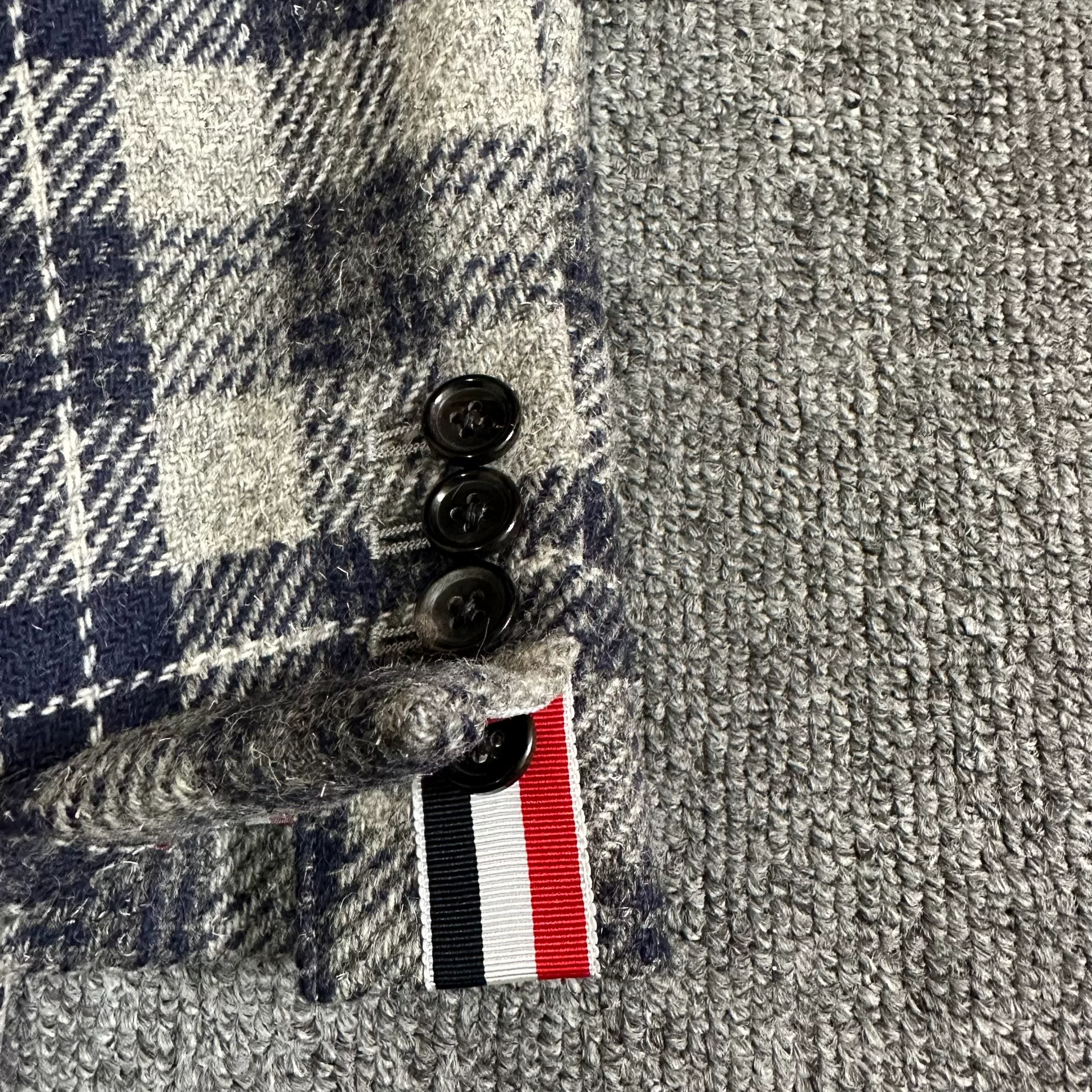 Thom Browne Gray-Blue Plaid Long Coat — front