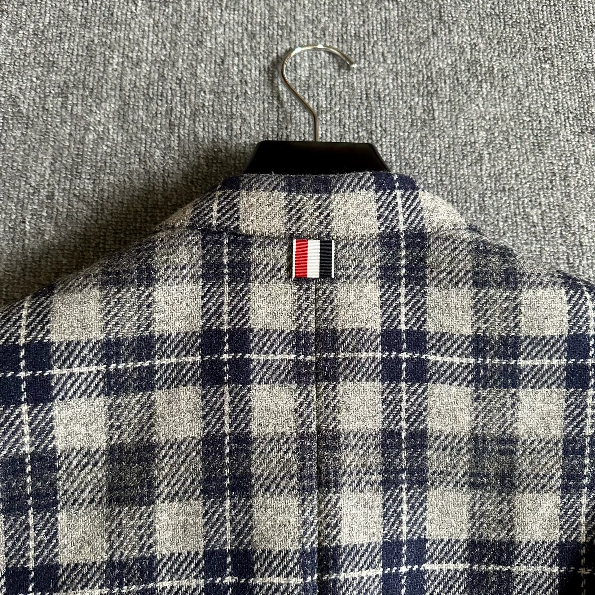 Thom Browne Gray-Blue Plaid Long Coat — back