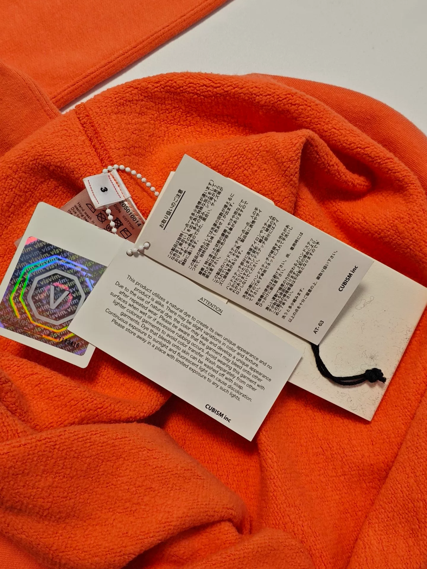 VISVIM Orange Terry Cloth Crewneck — label