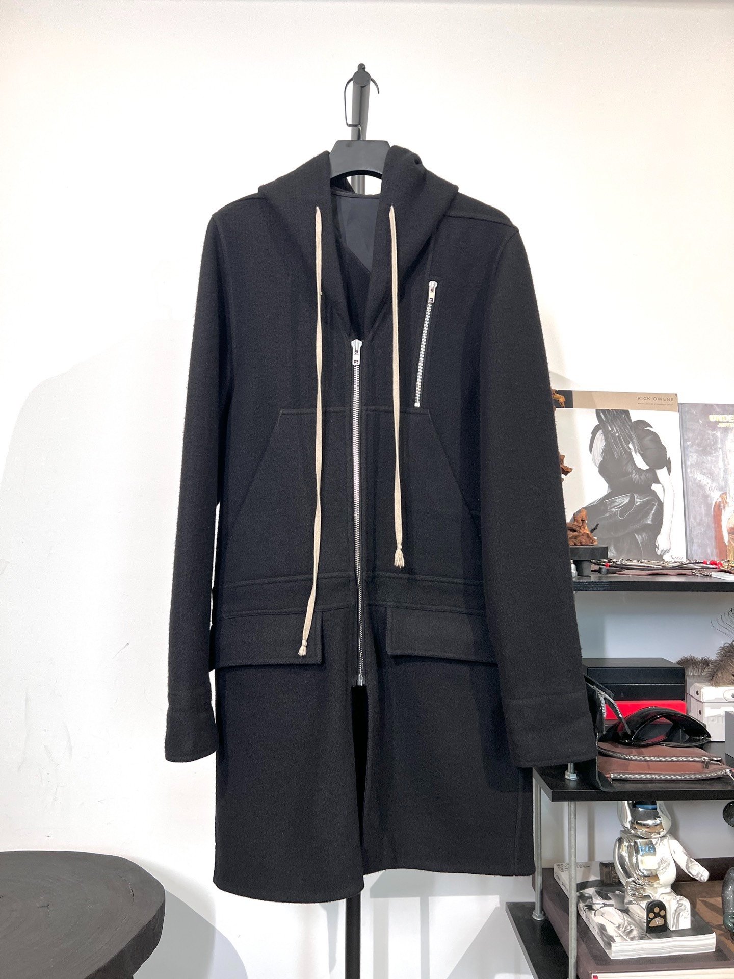 Rick Owens Wool Mid-Length Hooded Coat
