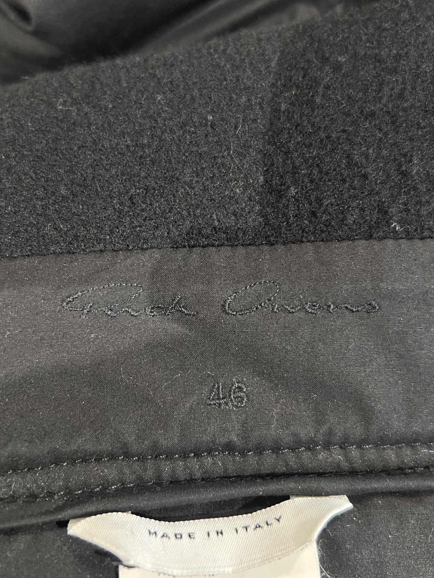 Rick Owens Wool Mid-Length Hooded Coat — label