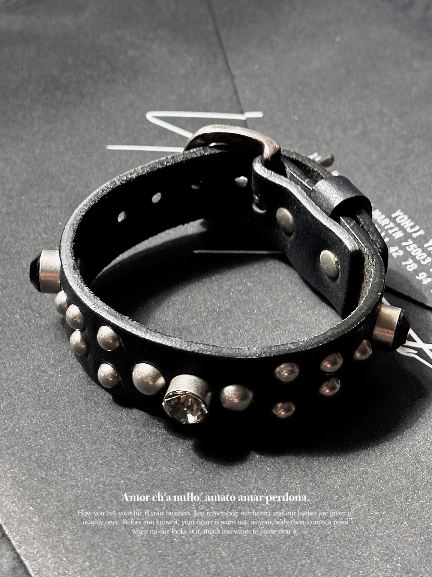Yohji Yamamoto Silver Crystal Leather Bracelet — detail
