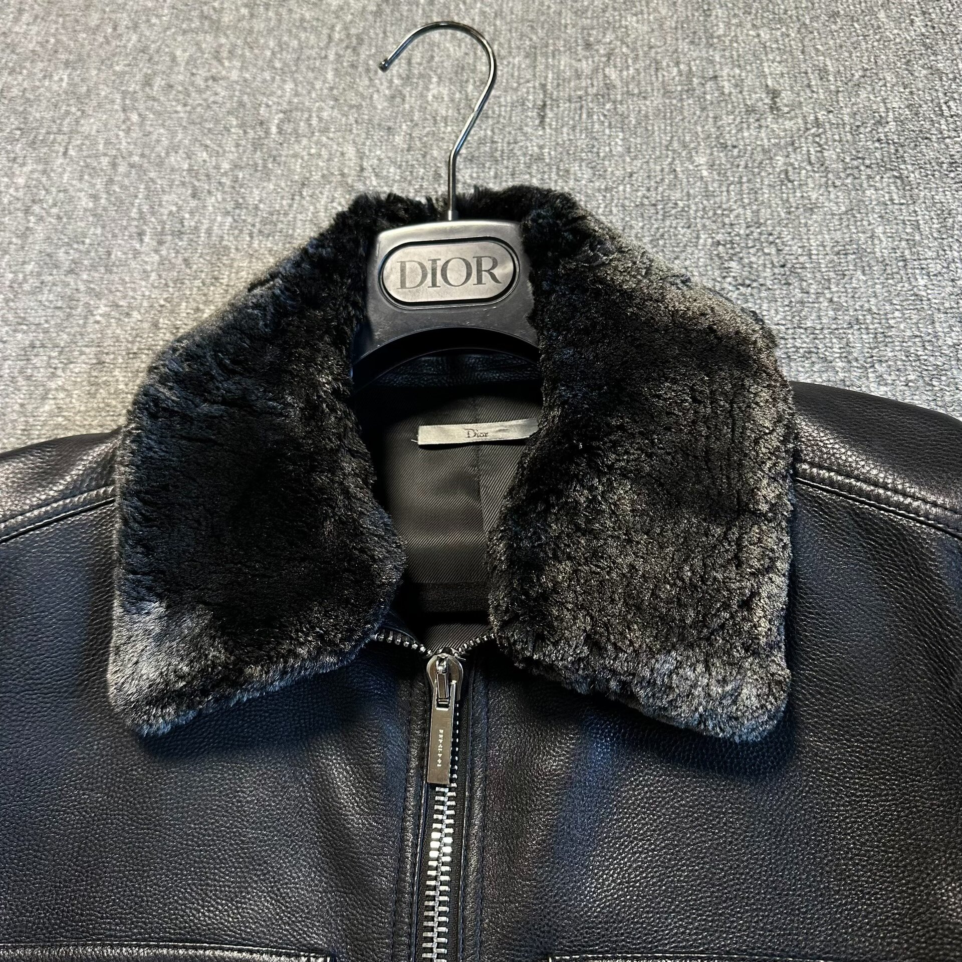 Dior Black Leather Jacket with Fur Collar — front