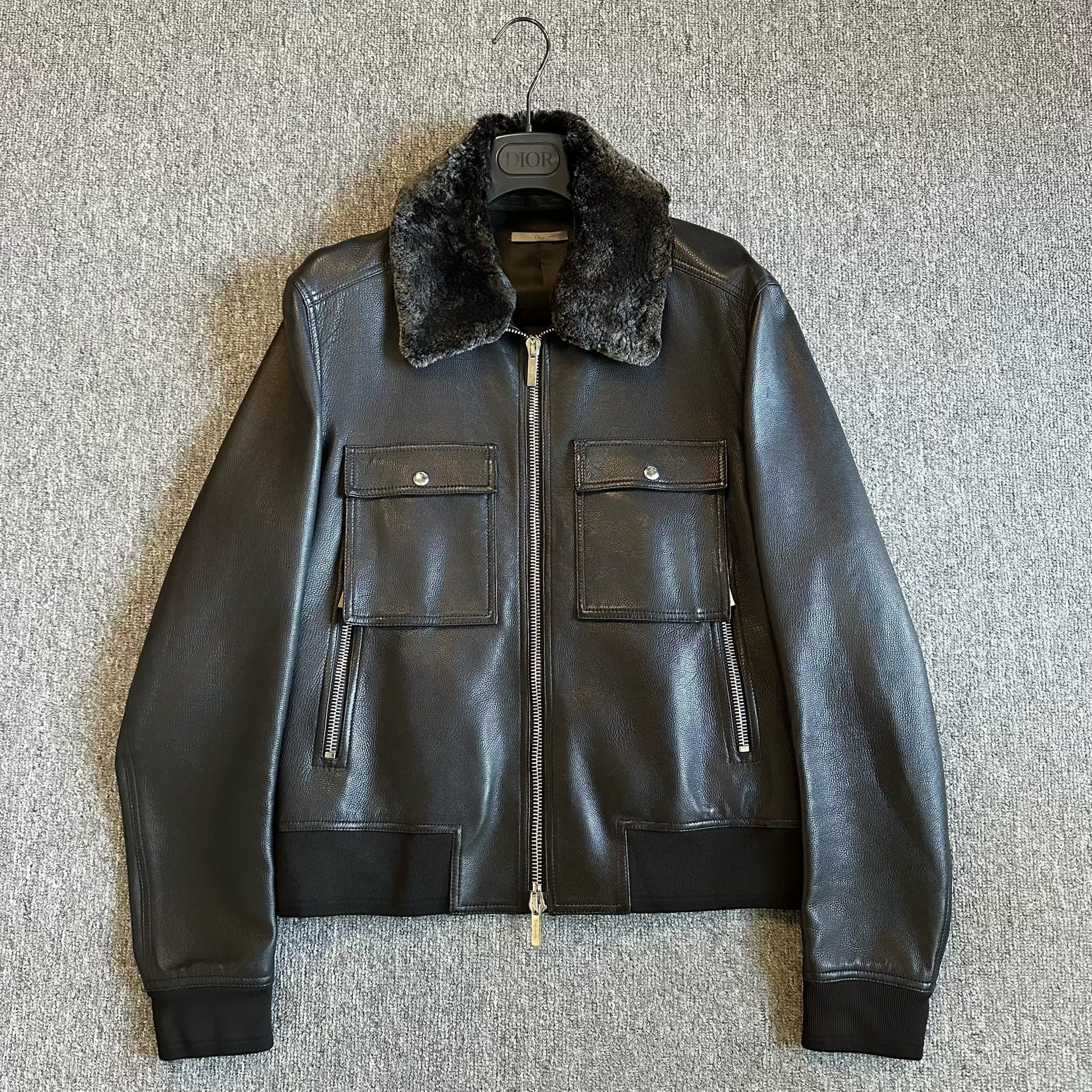 Dior Black Leather Jacket with Fur Collar