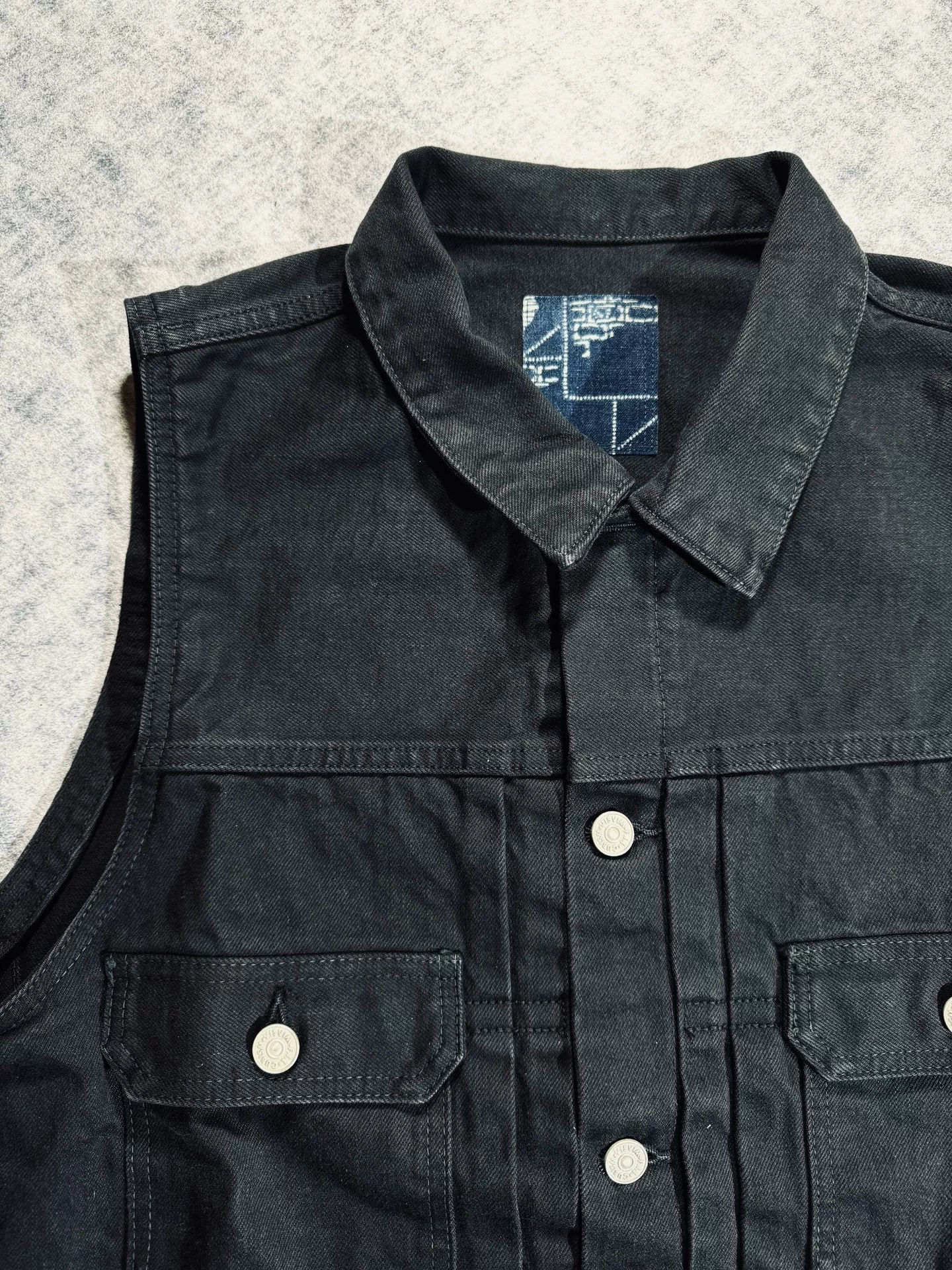 VISVIM ICT 101 CMYK DMGD Denim Vest — front