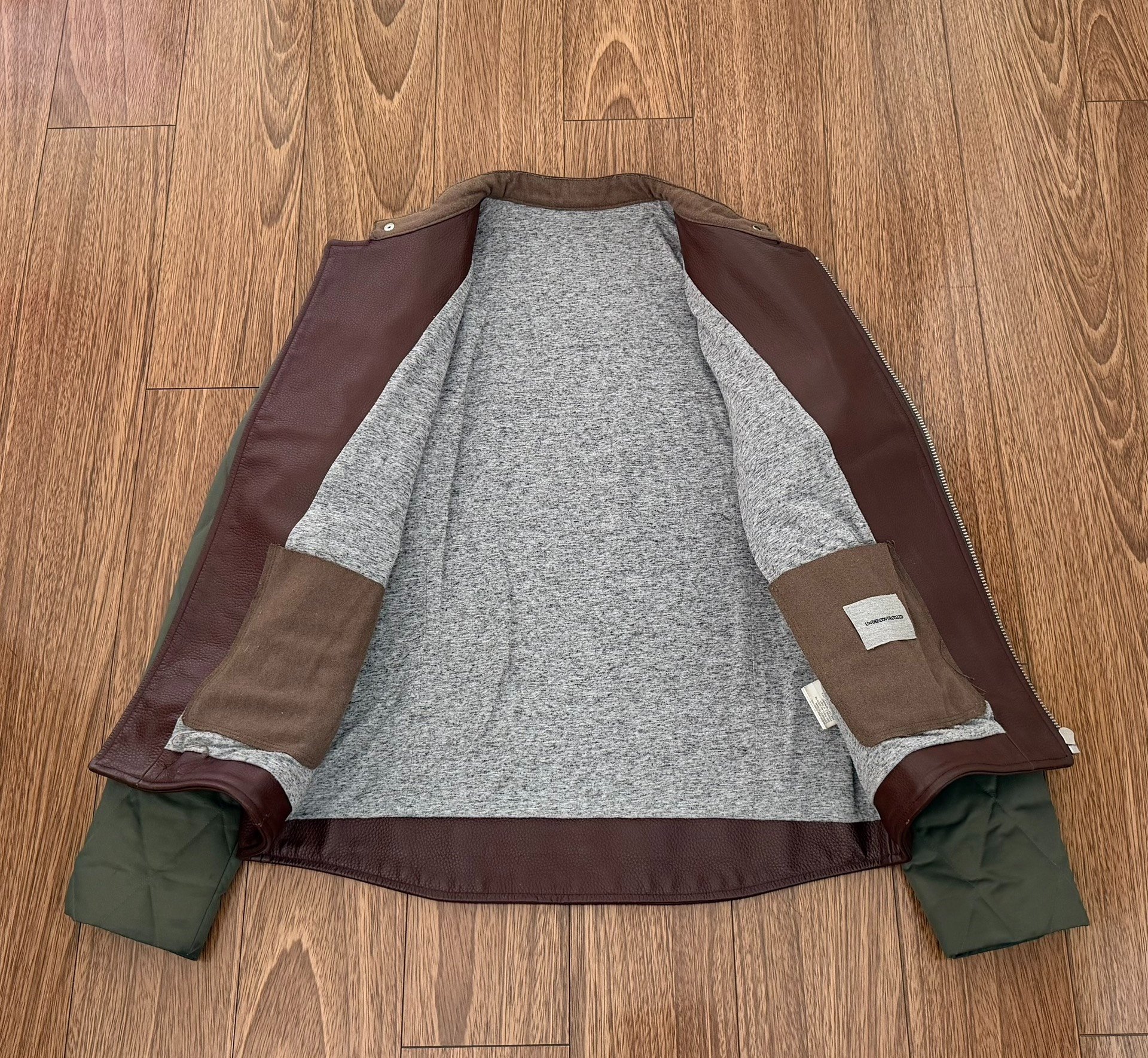 UNDERCOVER Leather Cotton Sleeve Biker Jacket — detail