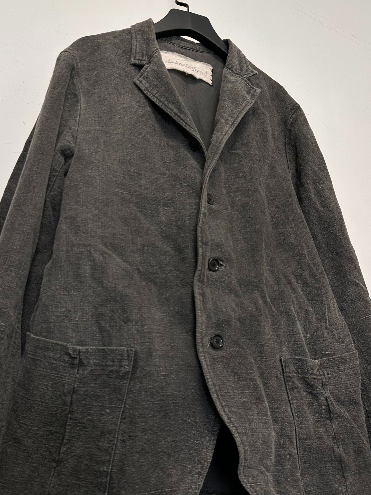 Andrew Driftwood Antique Linen Ink-Dyed Coat — label