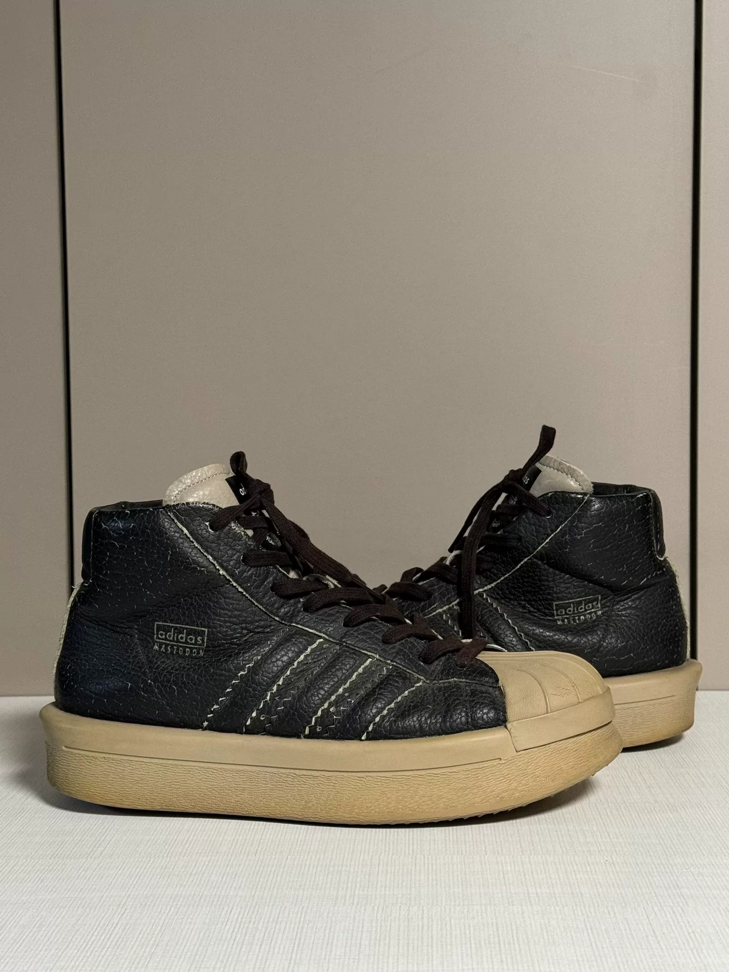 Rick Owens Adidas High-Top Shell Toe Sneakers — detail