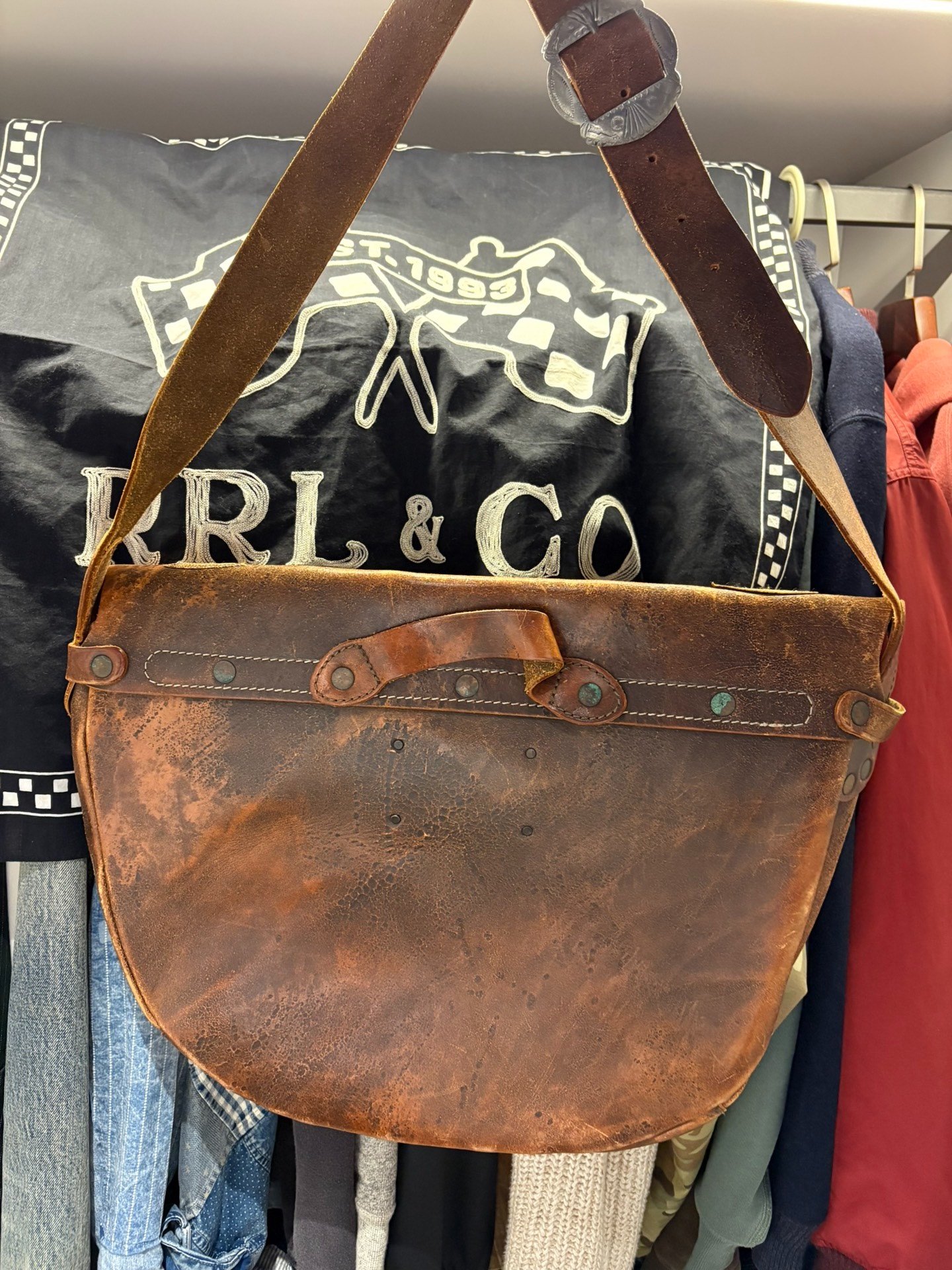 RRL Embroidered Leather Messenger Bag — front