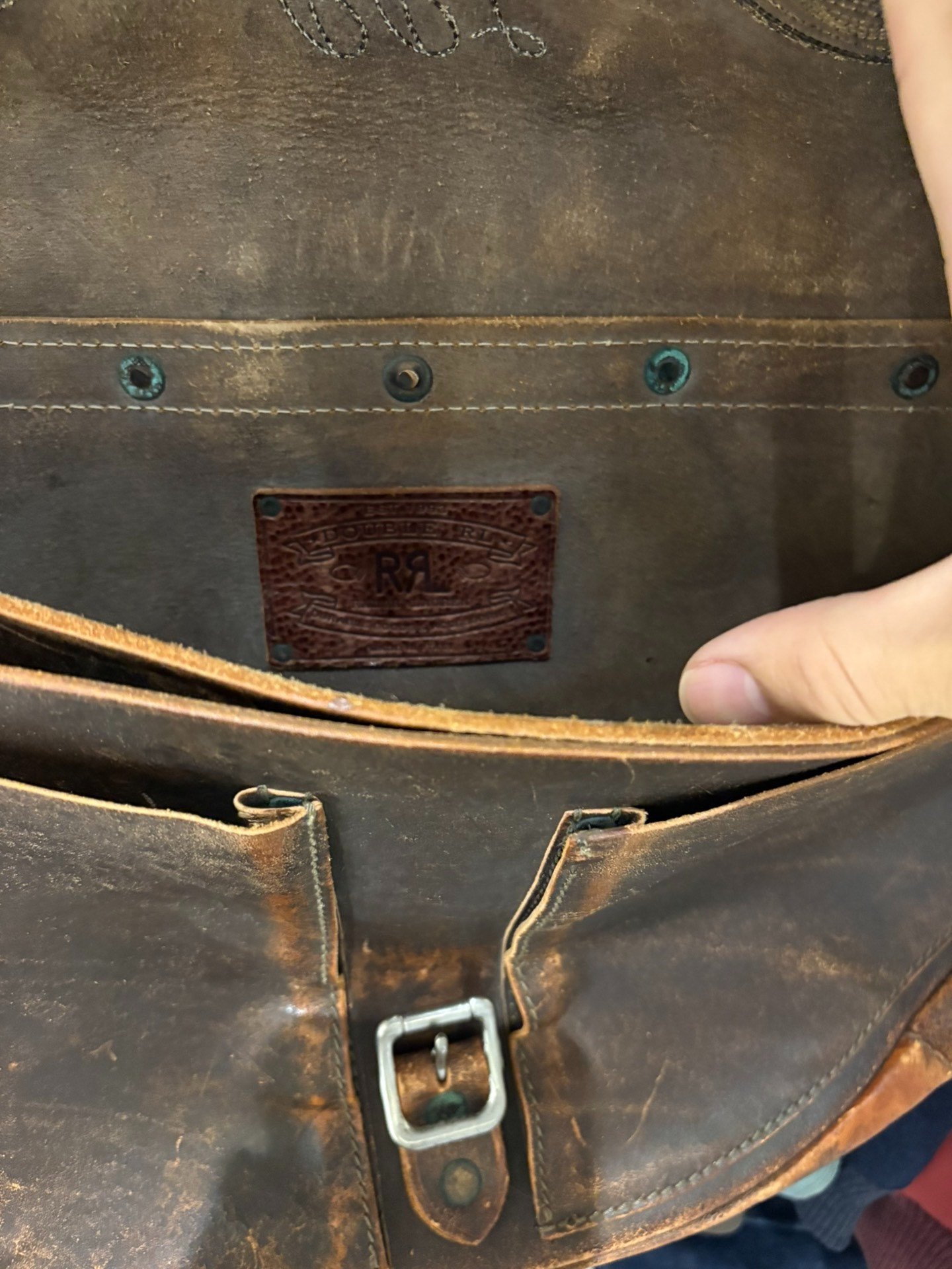RRL Embroidered Leather Messenger Bag — detail