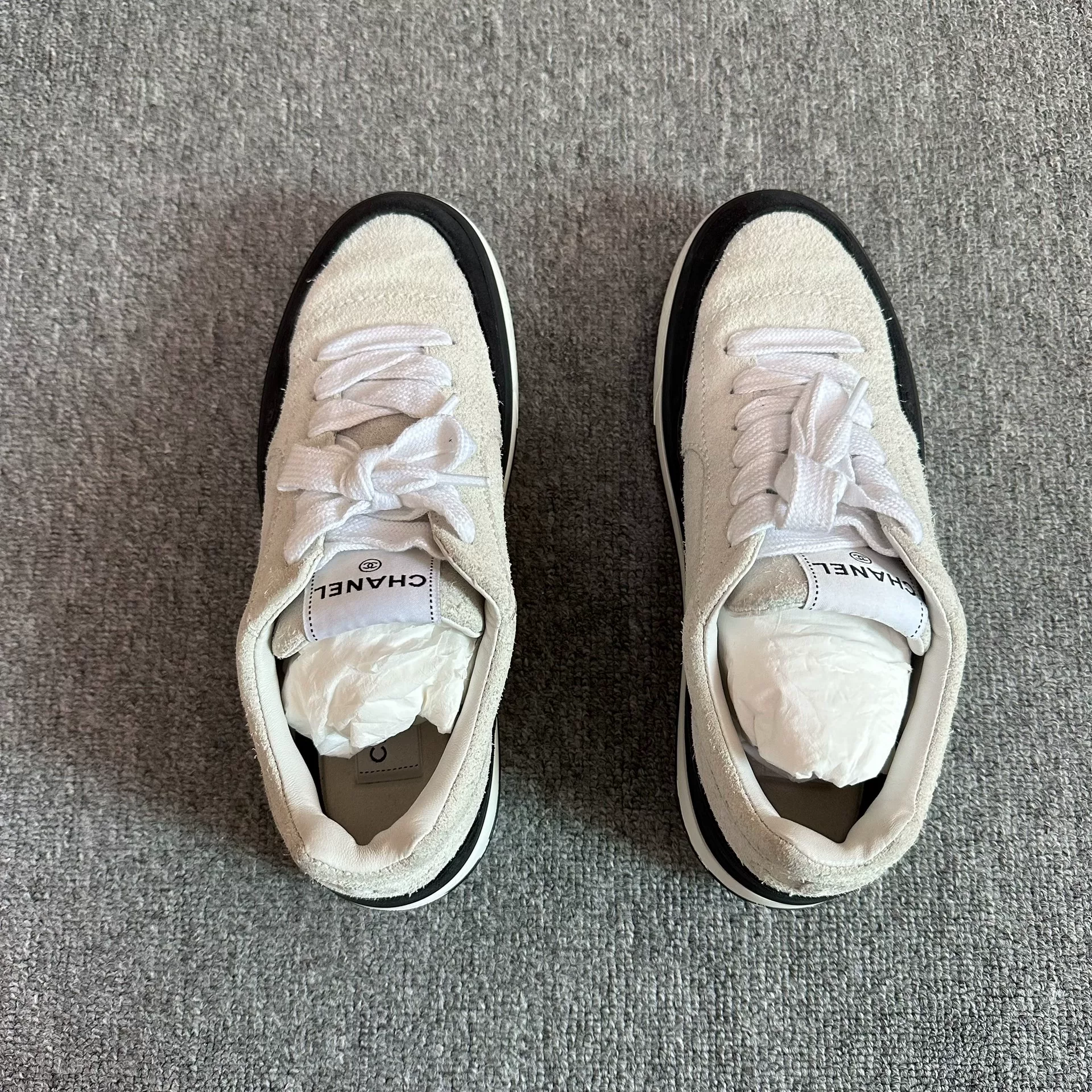 Chanel Black White Panda Suede Sneakers — detail