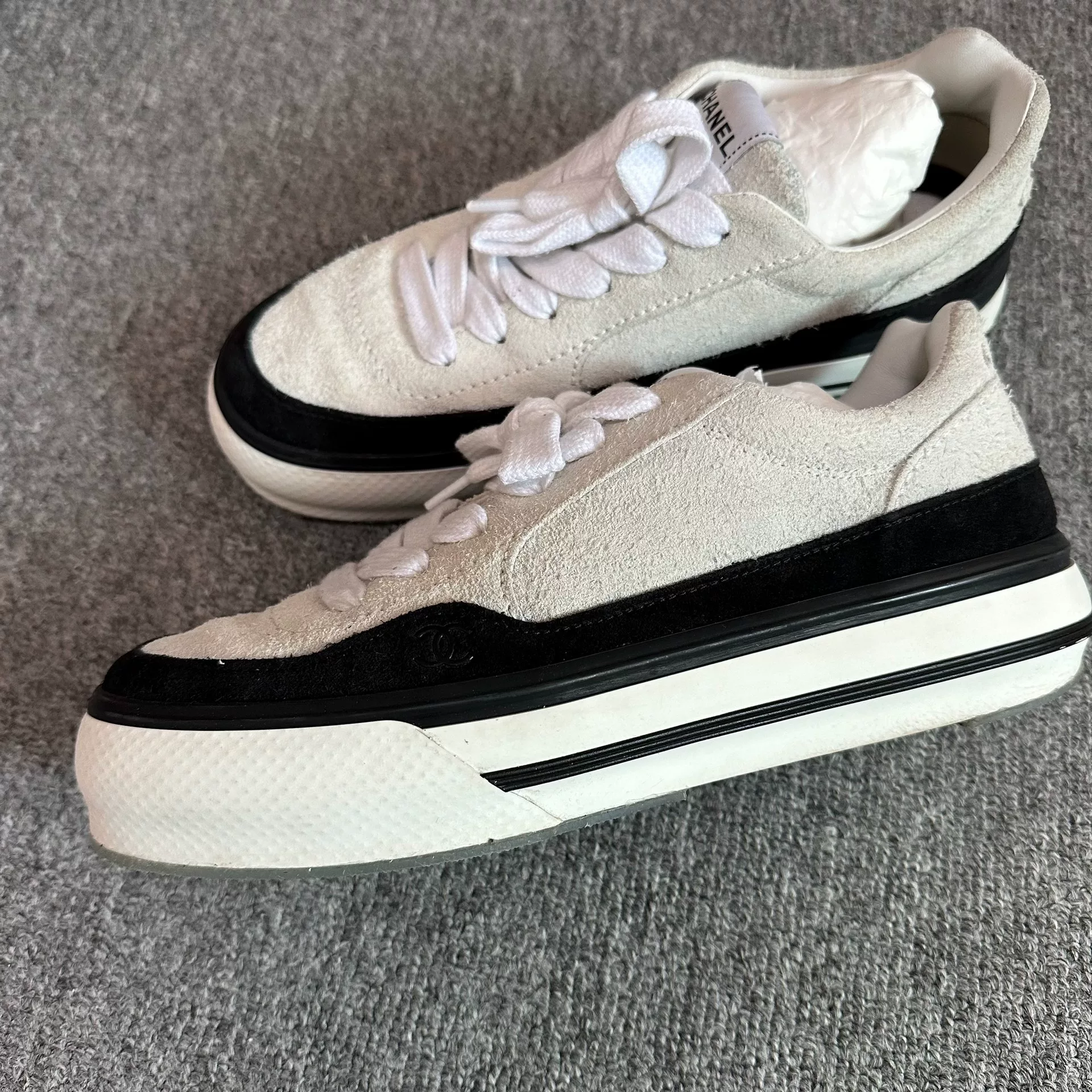Chanel Black White Panda Suede Sneakers — front
