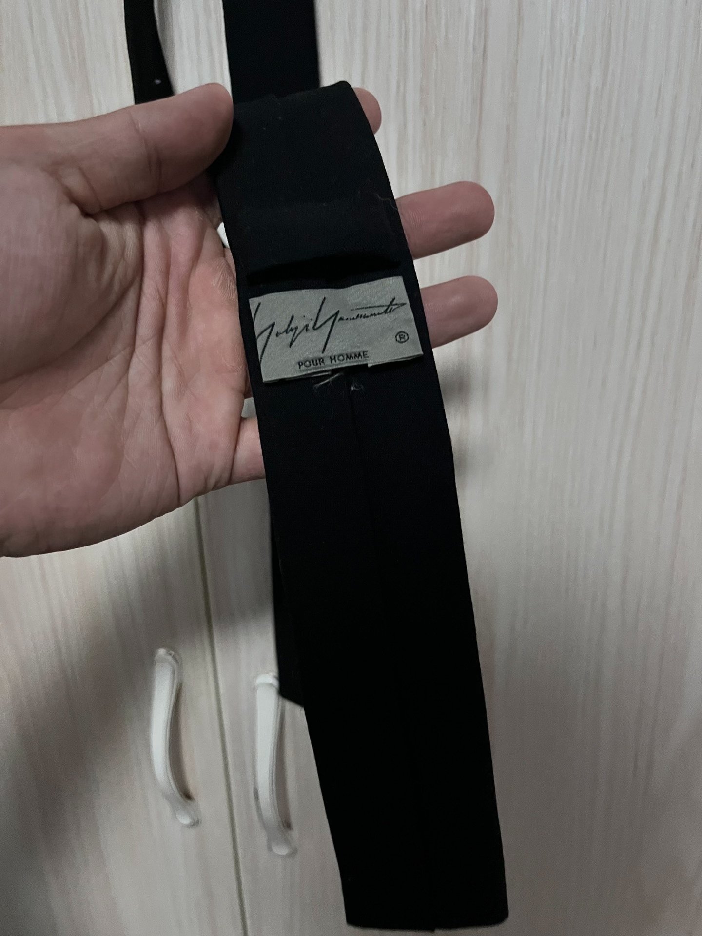 Yohji Yamamoto Black Text Tie — detail
