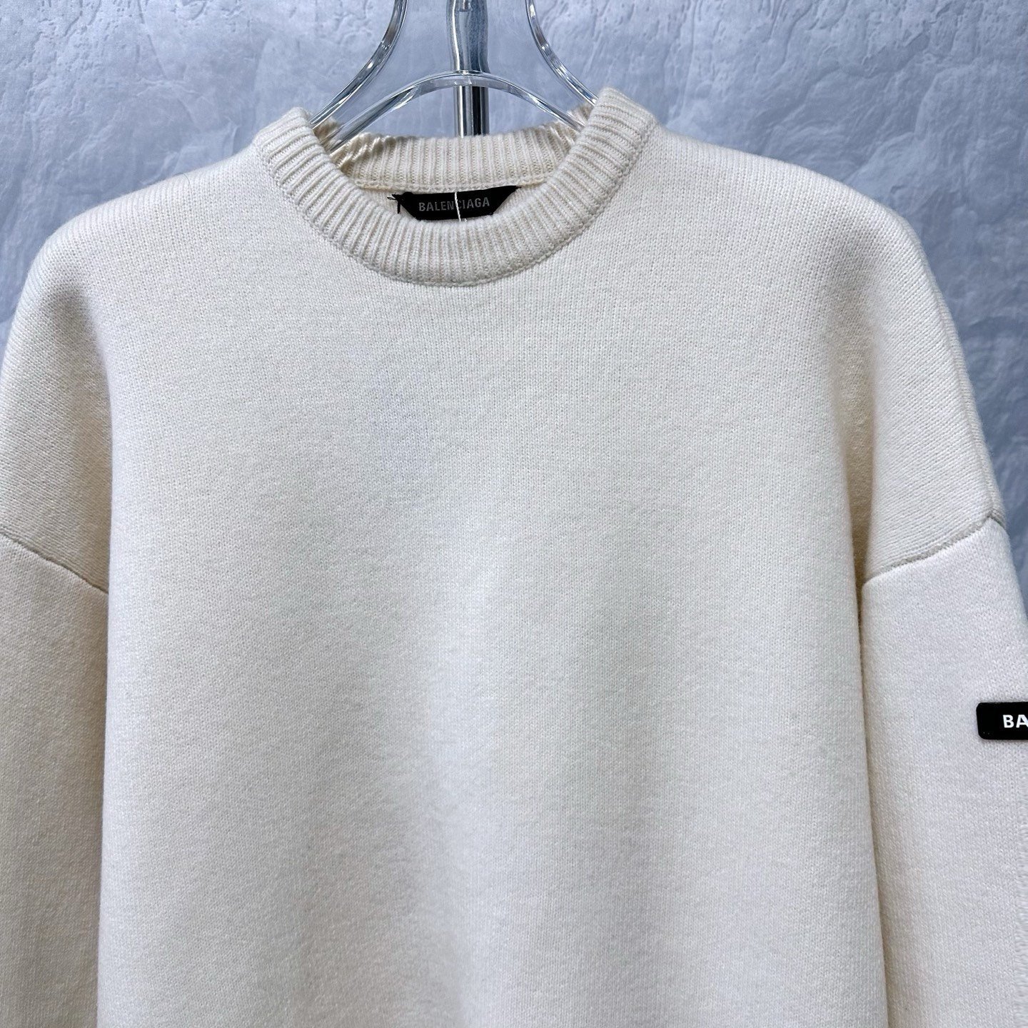 Balenciaga Rubber Label Dropped Shoulder Wool Sweater — front