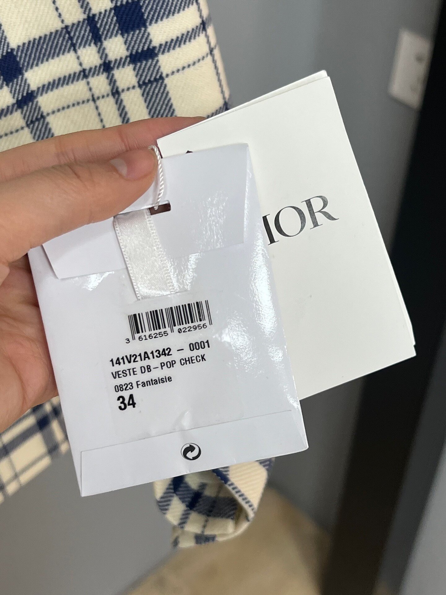 Dior Blue White Check Waist-Cinched Blazer — label